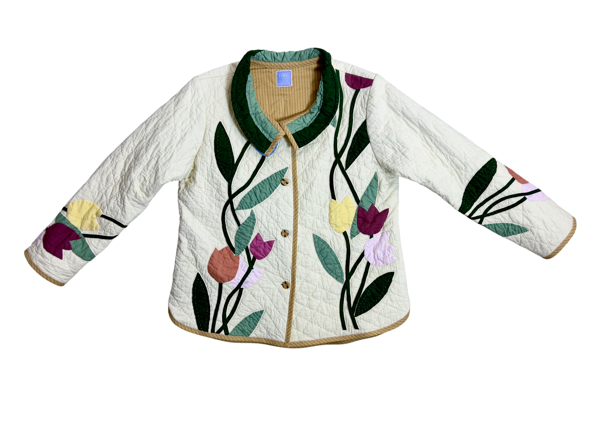 Custom made , upcycled quilted jacket by Fabric & Soul make in the USA. 