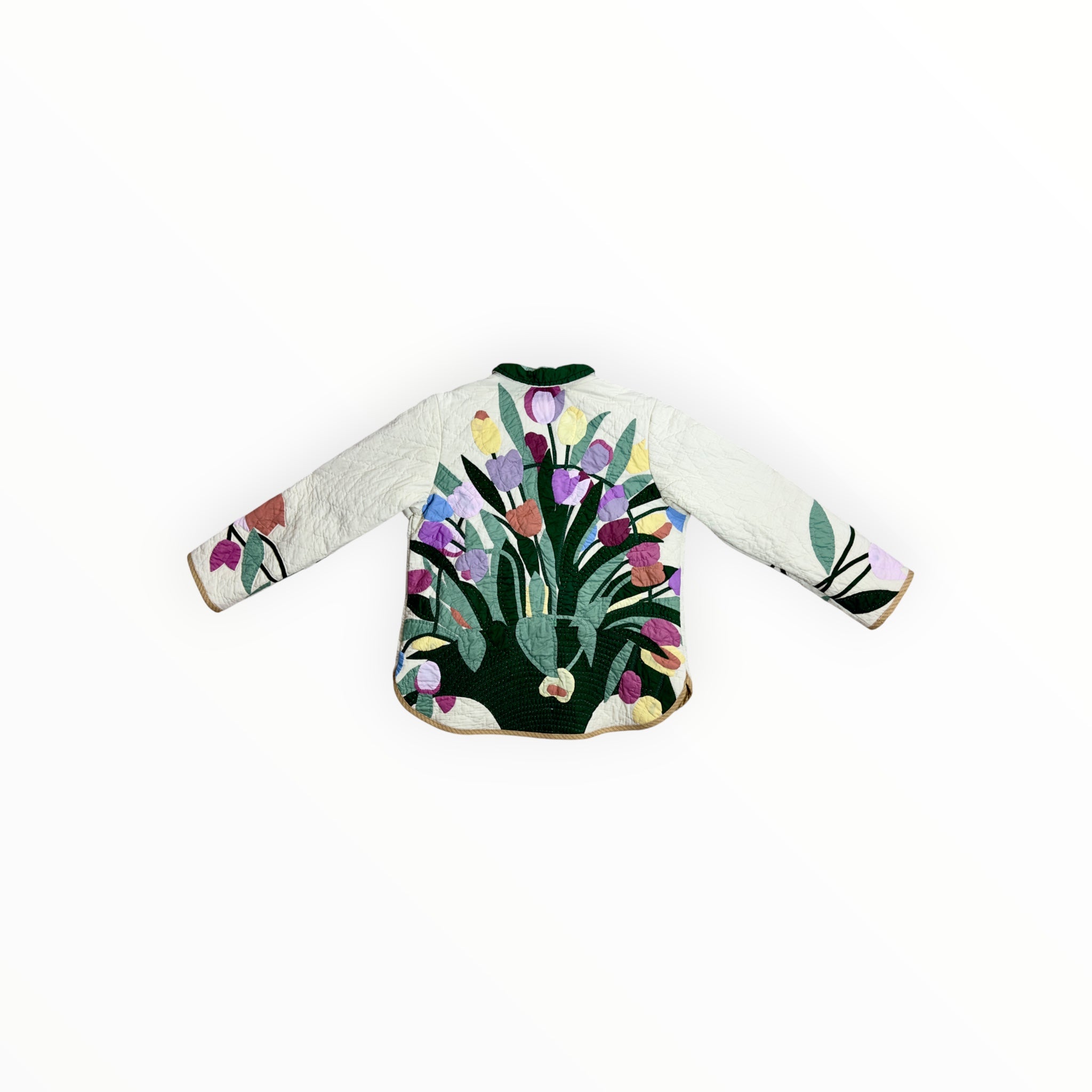 Back view of handmade quilted jacket with blooms pattern