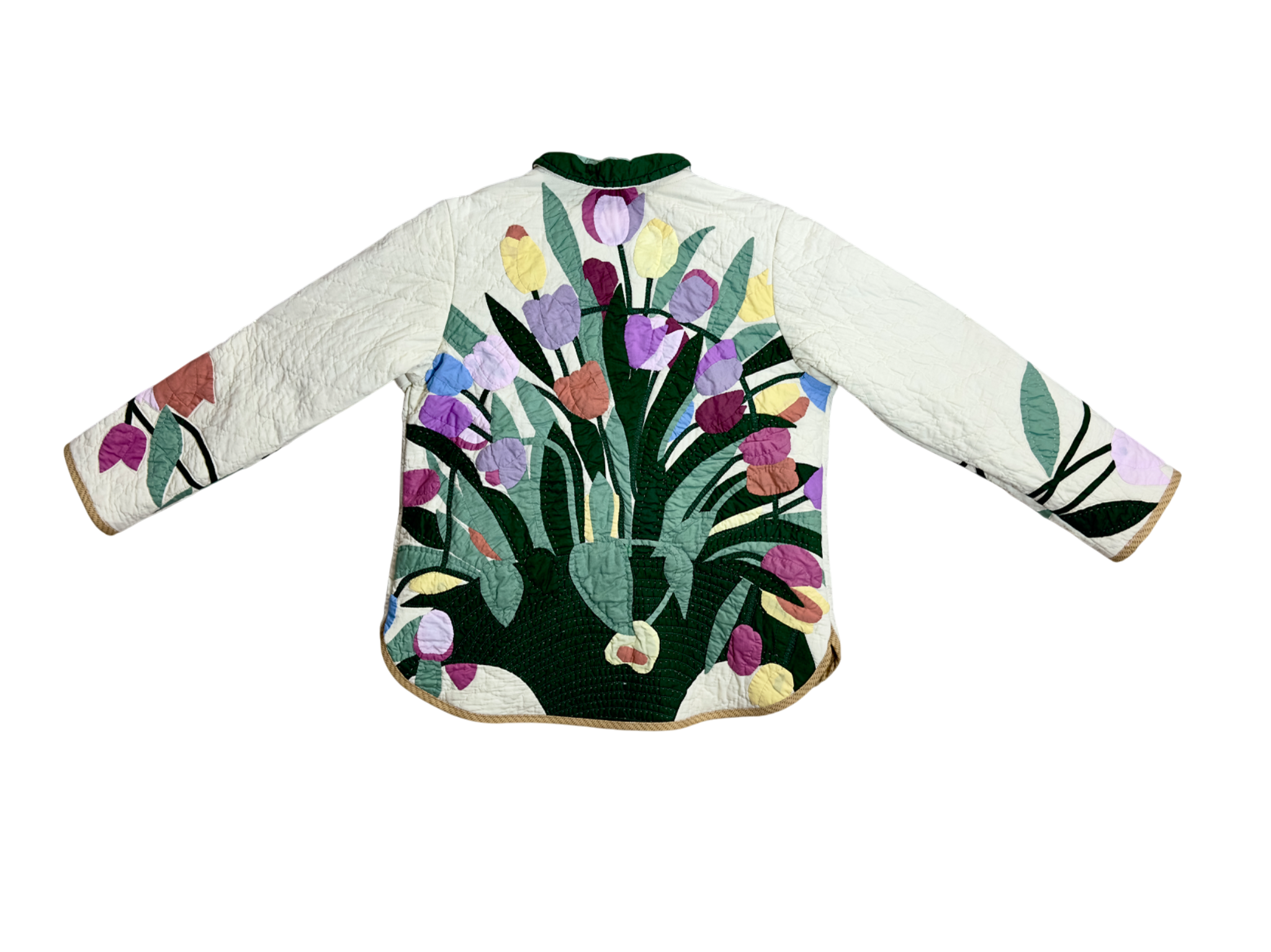 Back of appliqué on custom upcycled, sustainable quilted jacket made by Fabric & Soul.