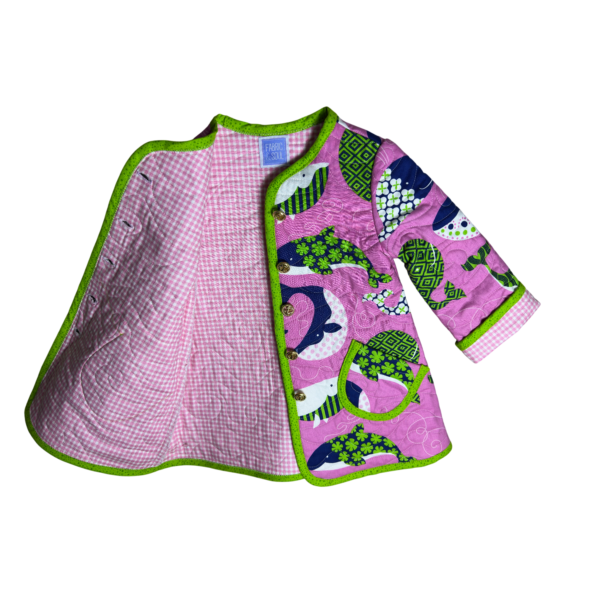 Children's nautical jacket with pink checkered interior and green border, featuring animal patterns on the exterior.