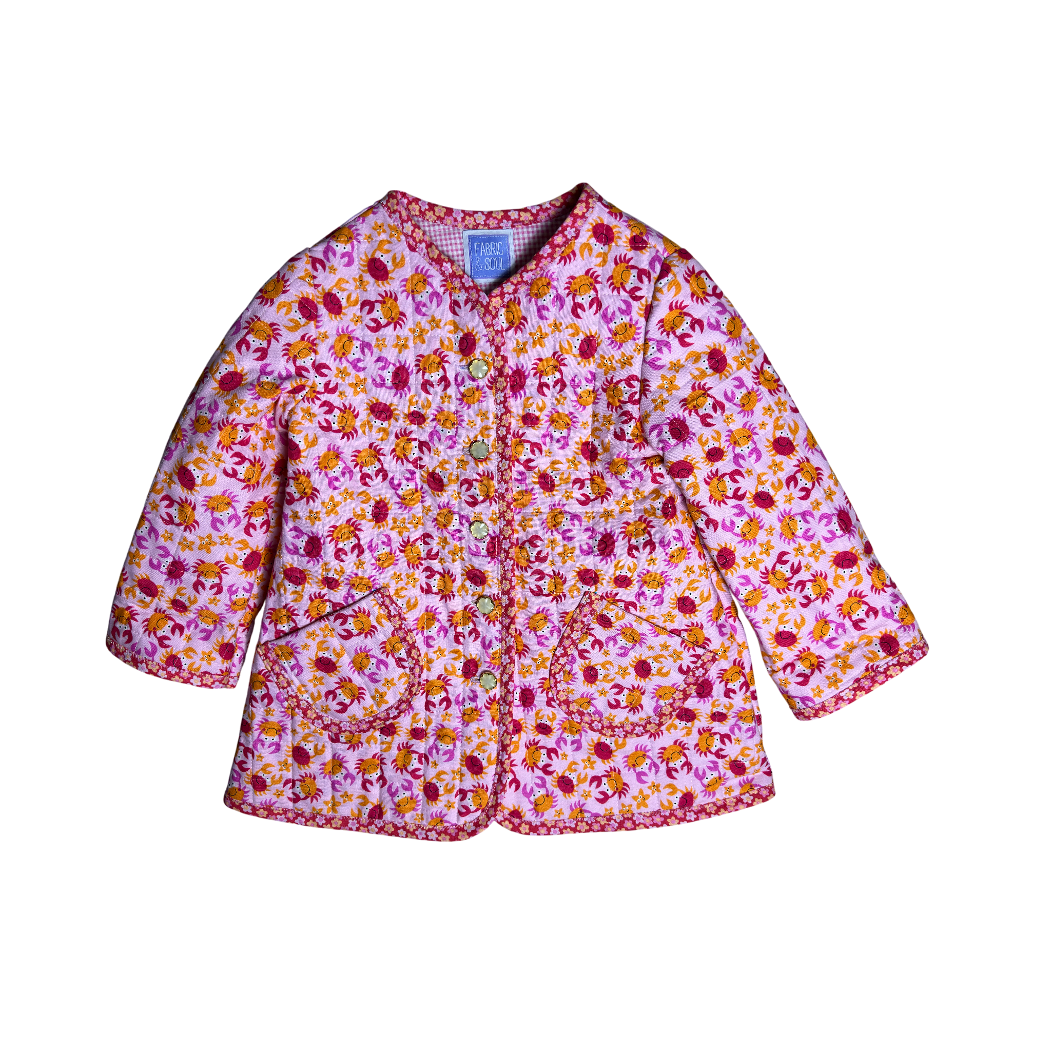 Happy Crabs Childs jacket front showing buttons and flowered pink trim