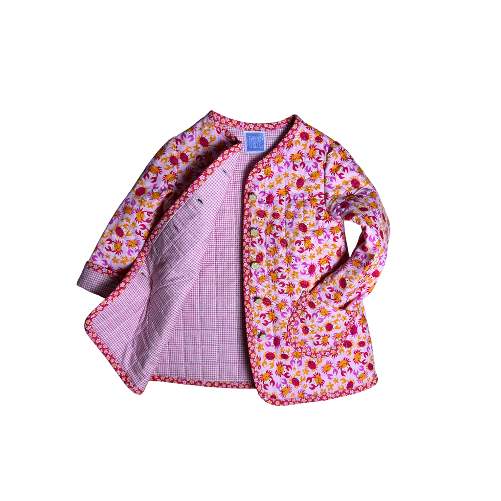 Happy Crabs children's  jacket with pink gingham lining and handmade quilting