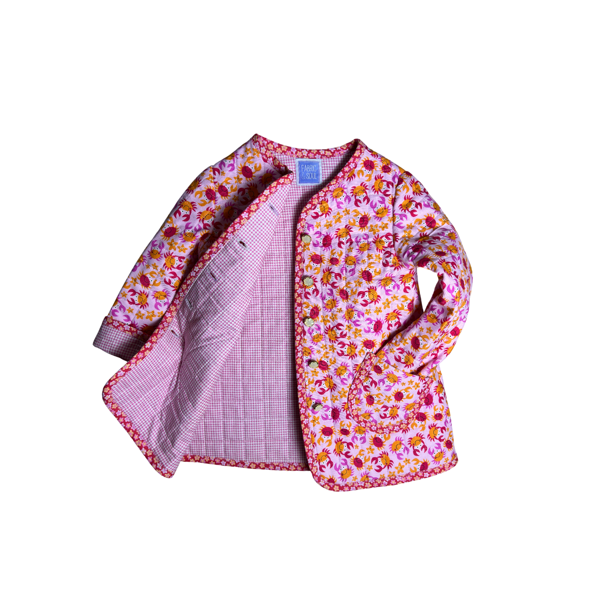 Happy Crabs children's  jacket with pink gingham lining and handmade quilting