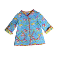 Nautical kids jacket front with pink, yellow, and orange zig-zag binding