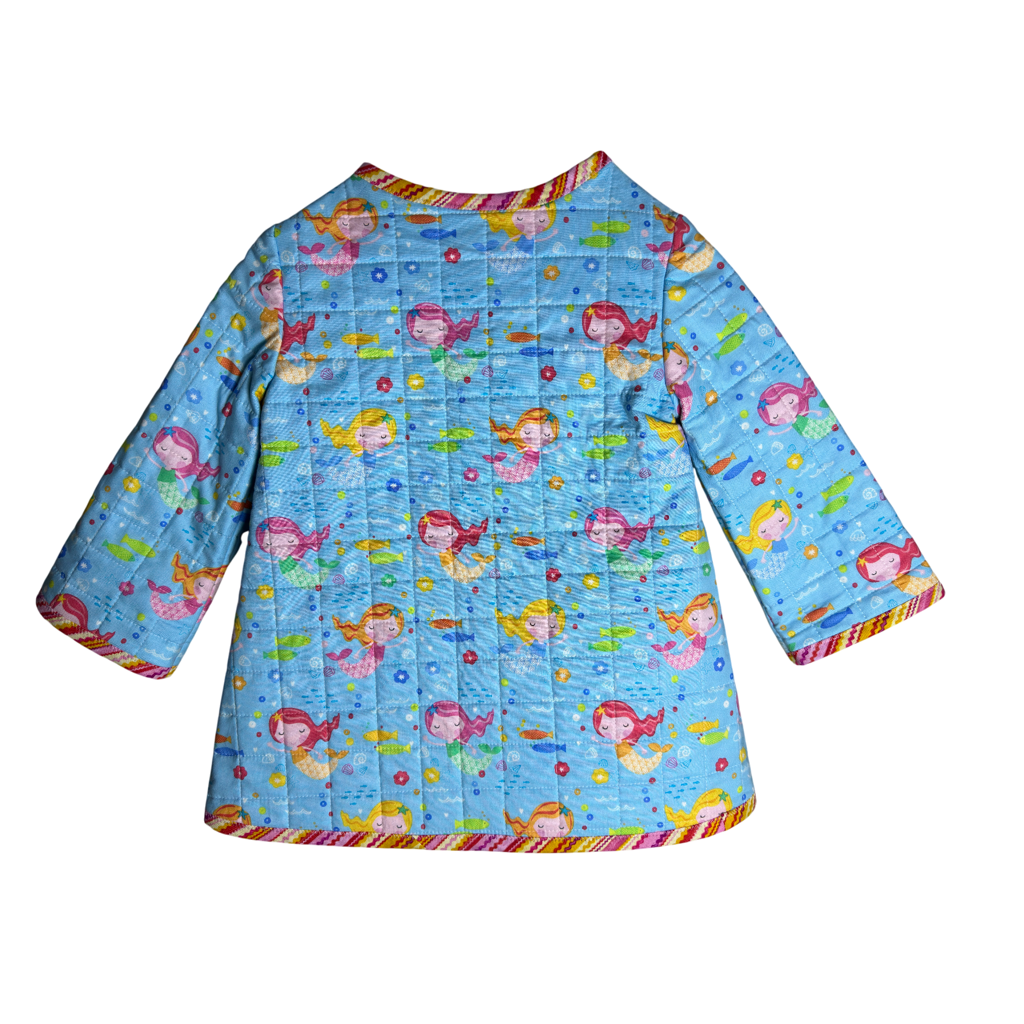 Back view of blue cotton kids jacket with mermaids, fish, shells, and starfish, quilted and cozy