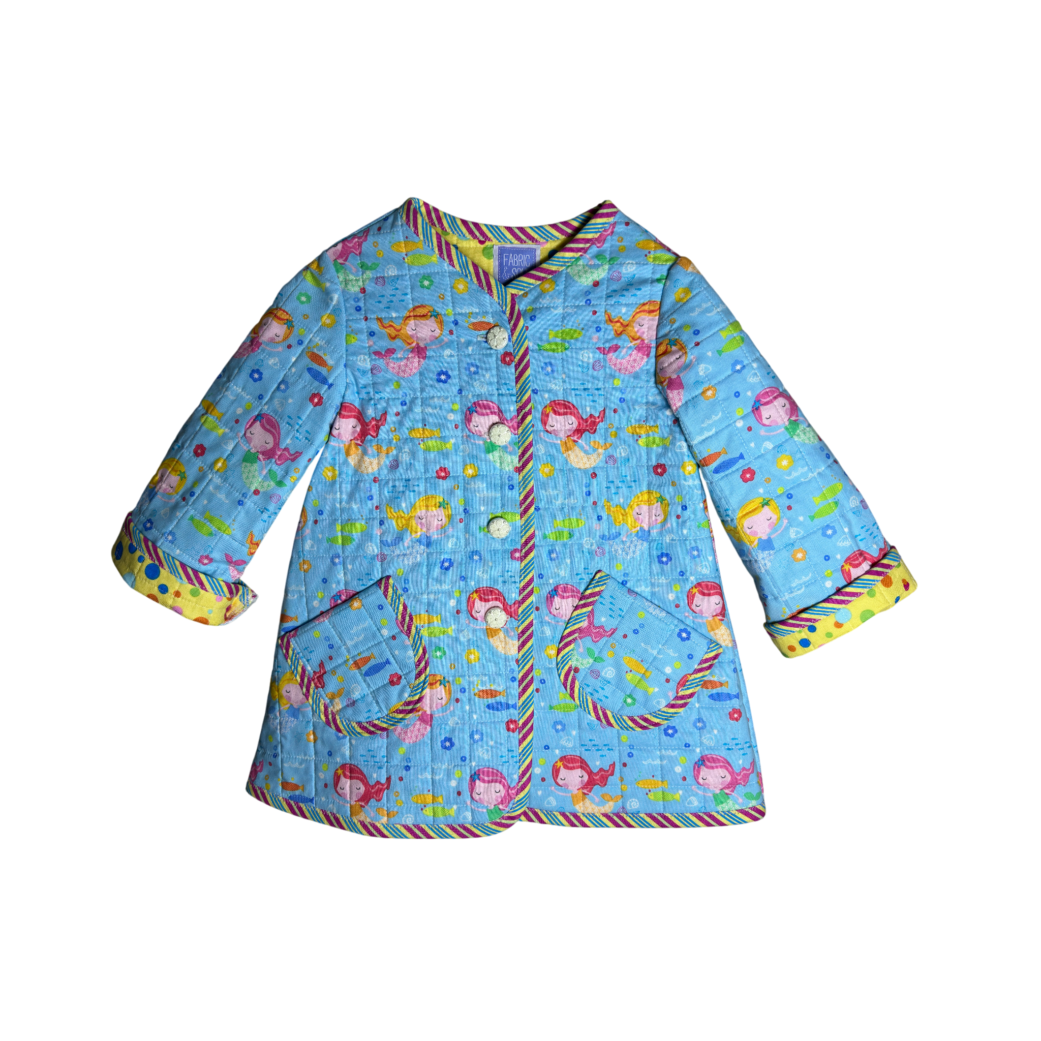 Front of Children's custom quilted coat showing Mermaids and coordinating lining and binding