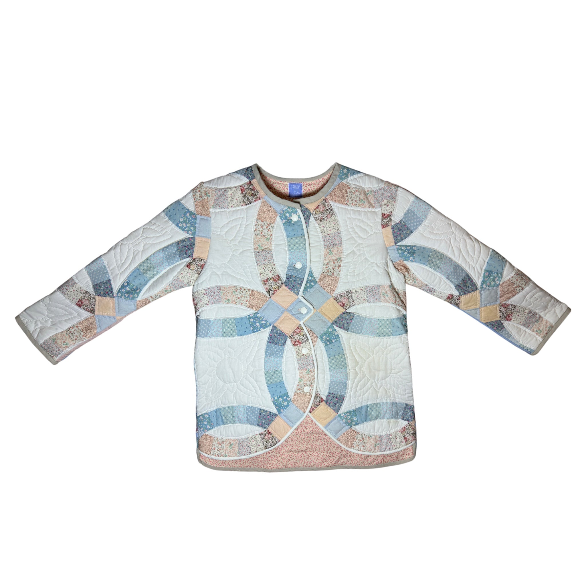 Heirloom quilted coat made from vintage Amish wedding ring quilt, front view, handmade wearable art jacket