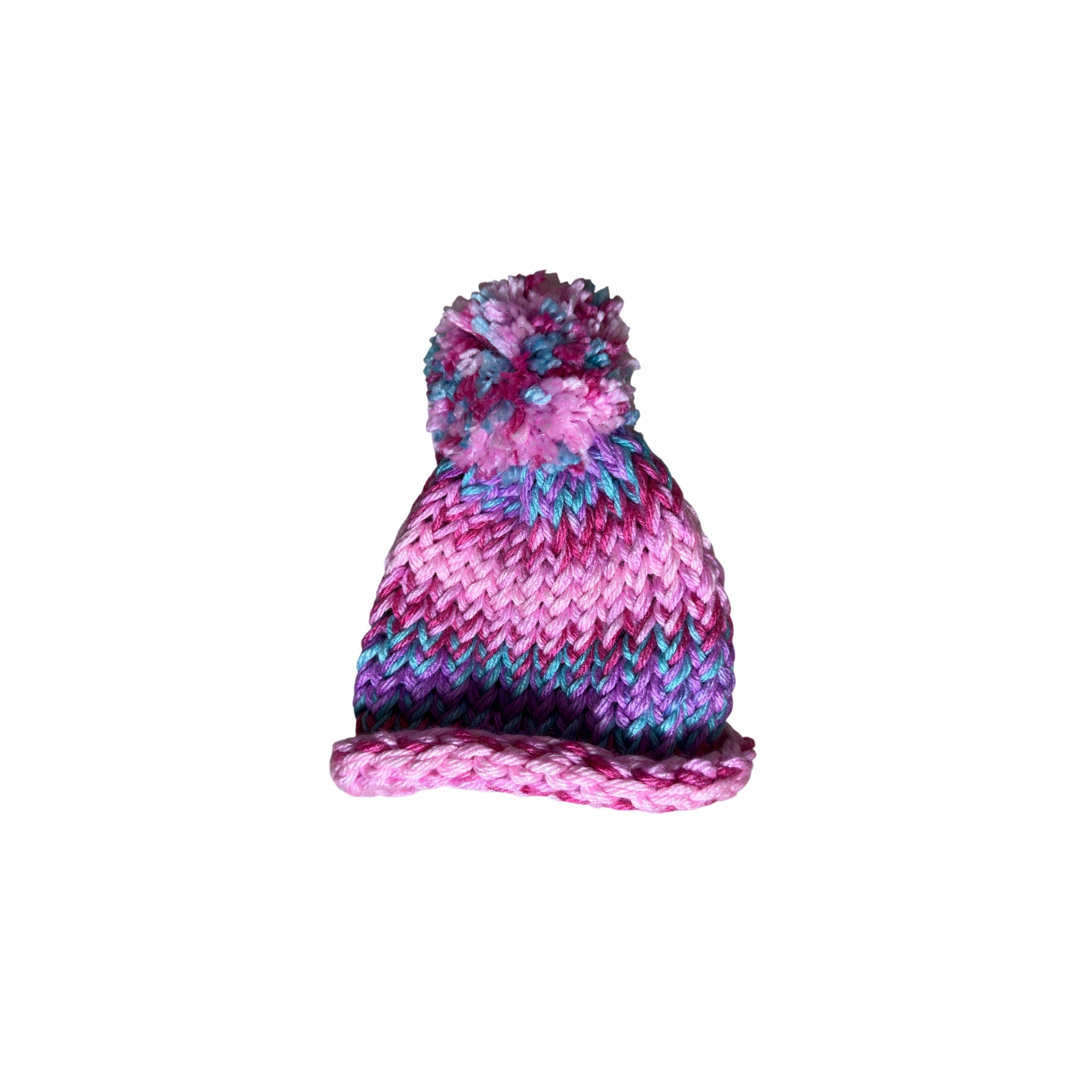 Handmade newborn baby hat in pink, blue, and purple multicolor with matching pom pom
