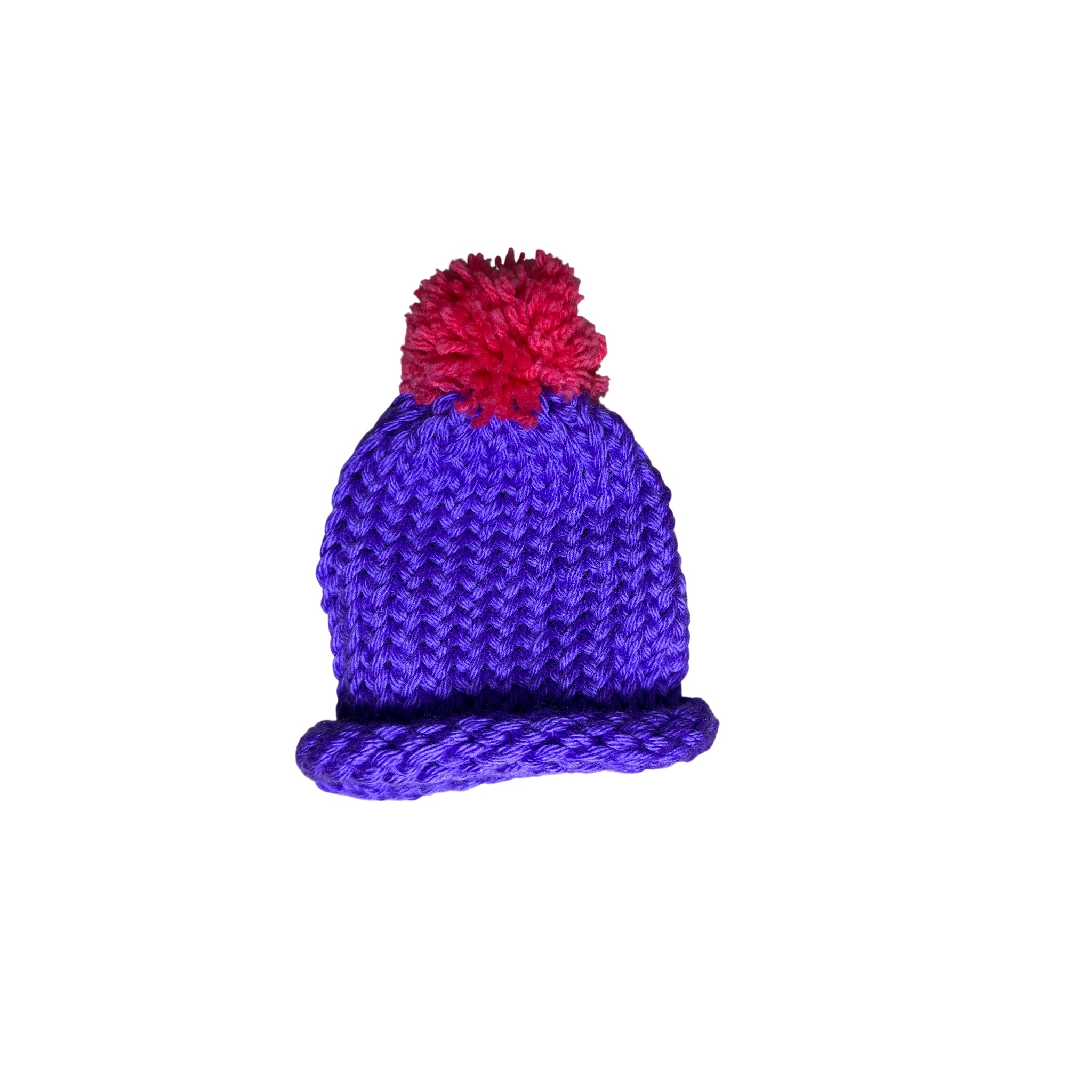 Handmade newborn baby hat in soft purple with pink pom pom