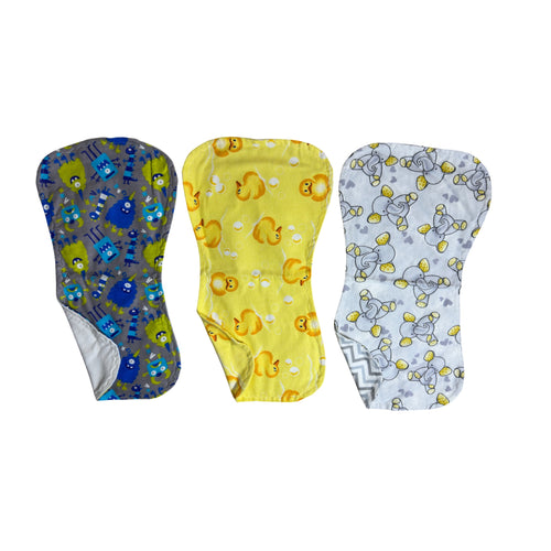 Handmade flannel baby burp cloth set of three with yellow rubber ducks, monsters, and polka dots on elephants