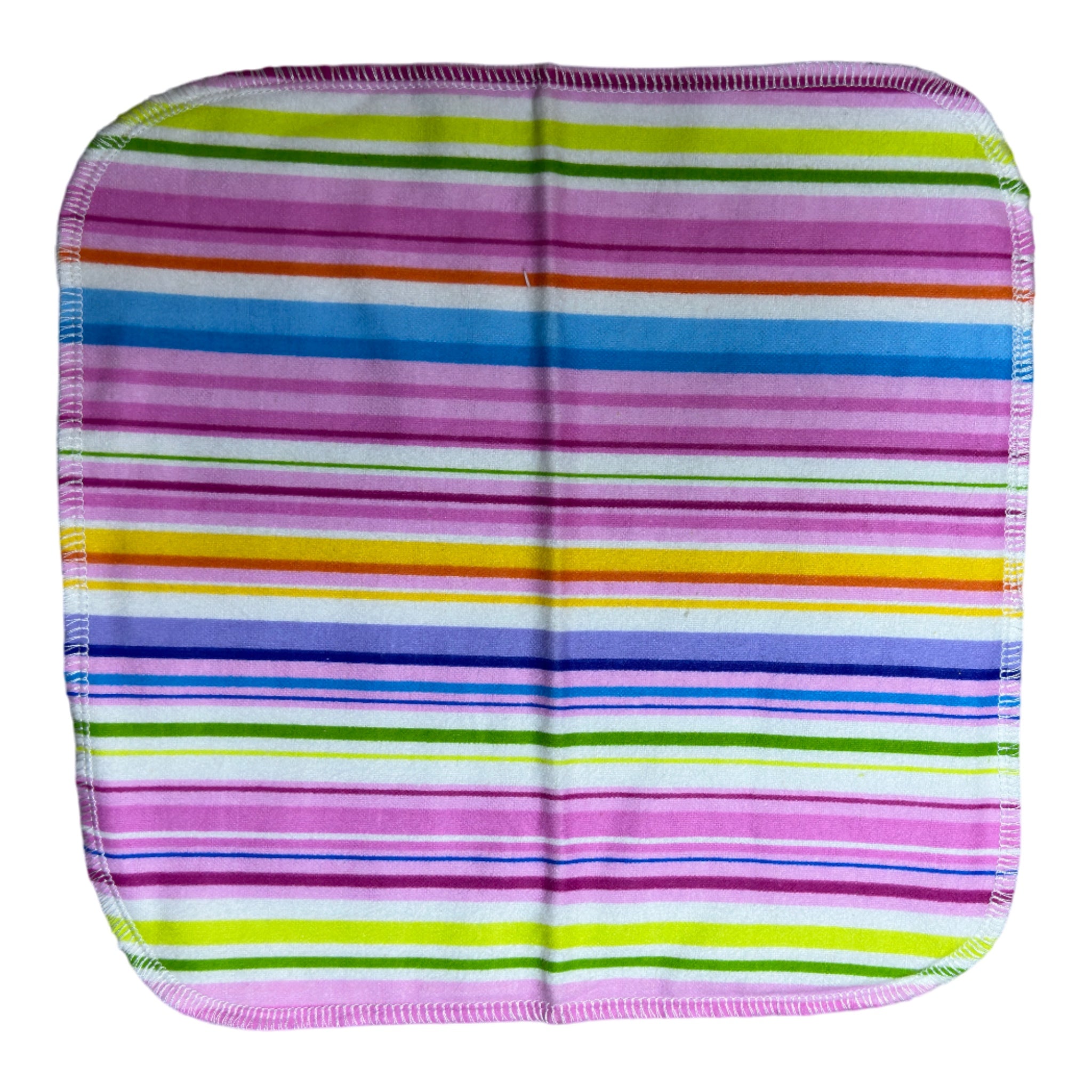 Handmade flannel baby burp cloth with vibrant multicolor stripes in pink, blue, green, yellow, orange, and purple