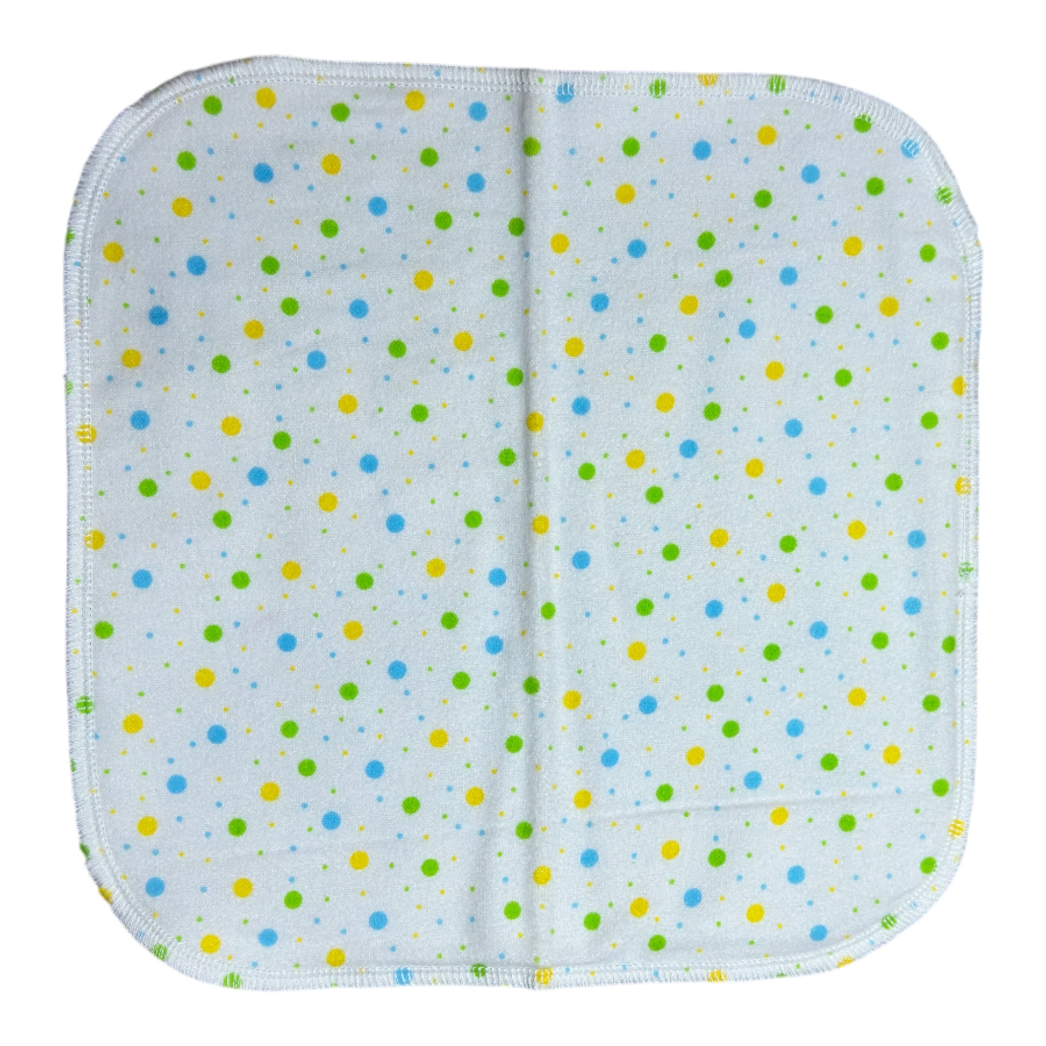 Handmade flannel baby burp cloth with blue, yellow, and green drops on white