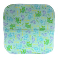 Handmade flannel baby burp cloth with blue cats, purple mice, green dog, hearts, and butterflies