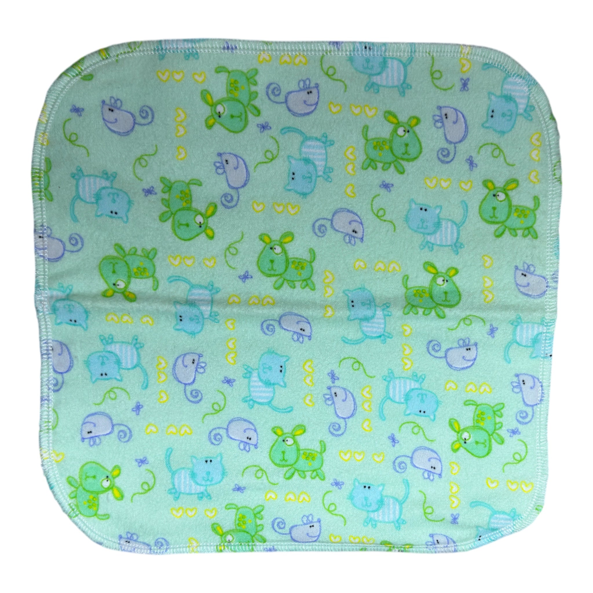 Handmade flannel baby burp cloth with blue cats, purple mice, green dog, hearts, and butterflies