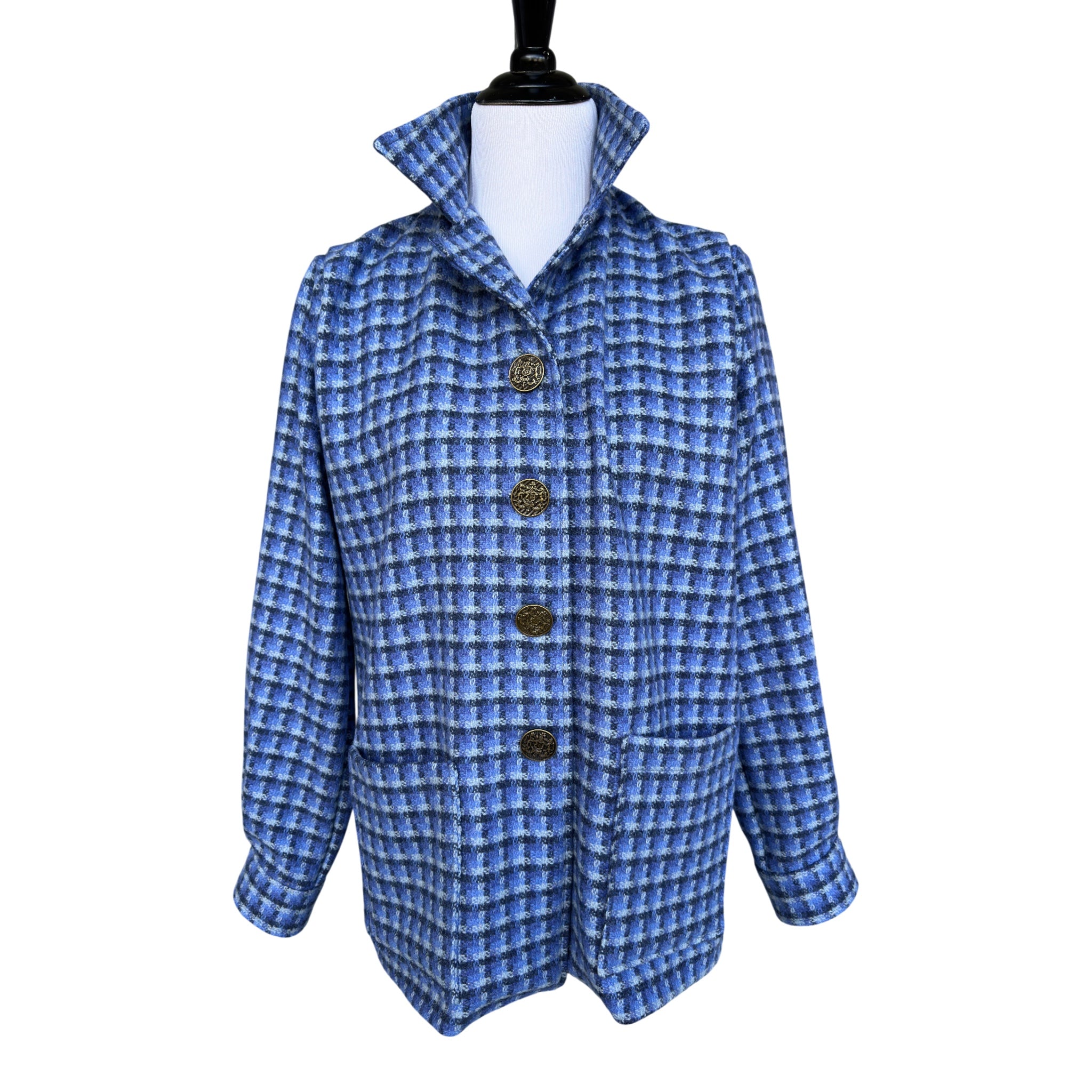 1. Women’s unstructured jacket in blue check vintage Munrospun wool with antique brass buttons