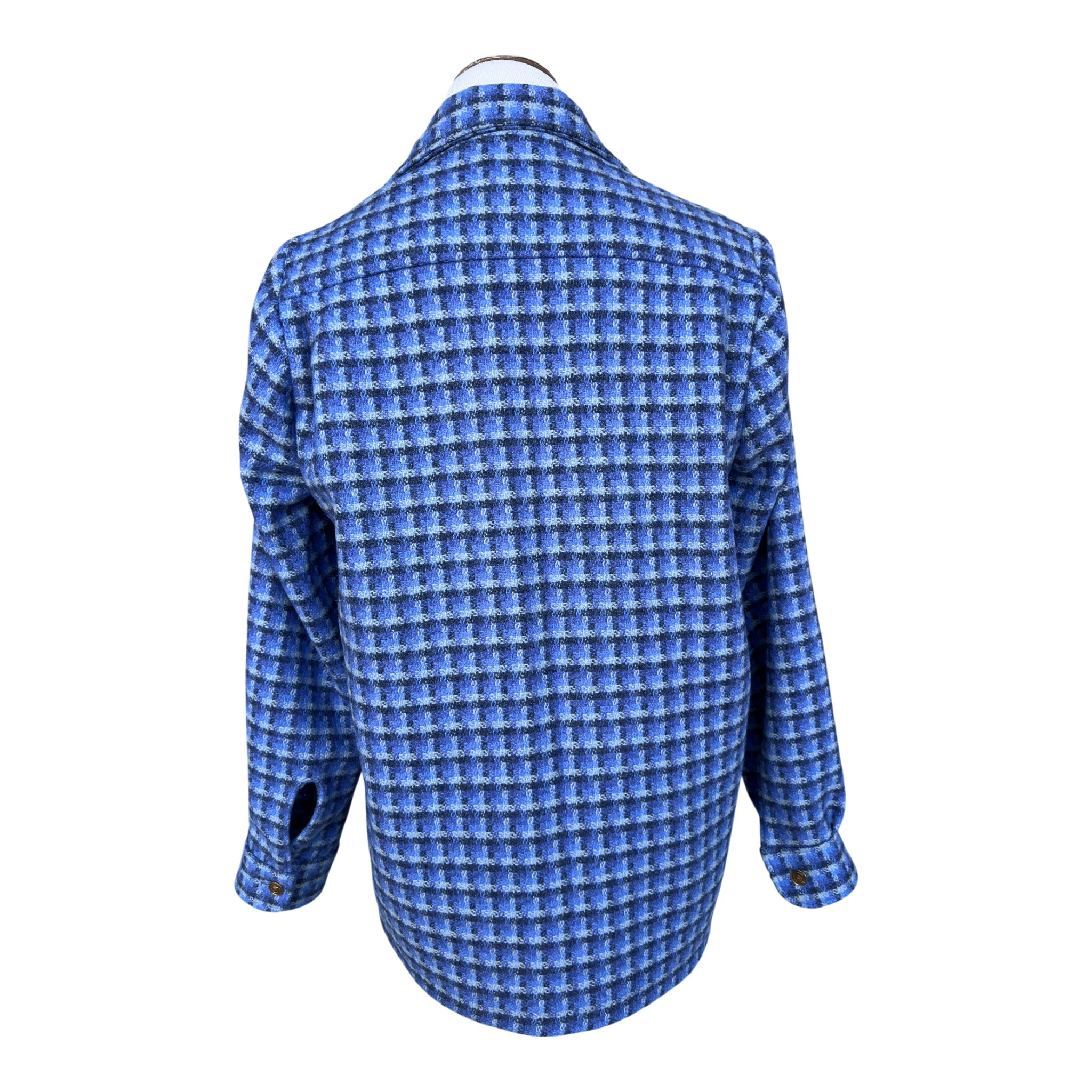 Back of new jacket handmade with vintage Munrospun wool in blue with complementary antique brass buttons 