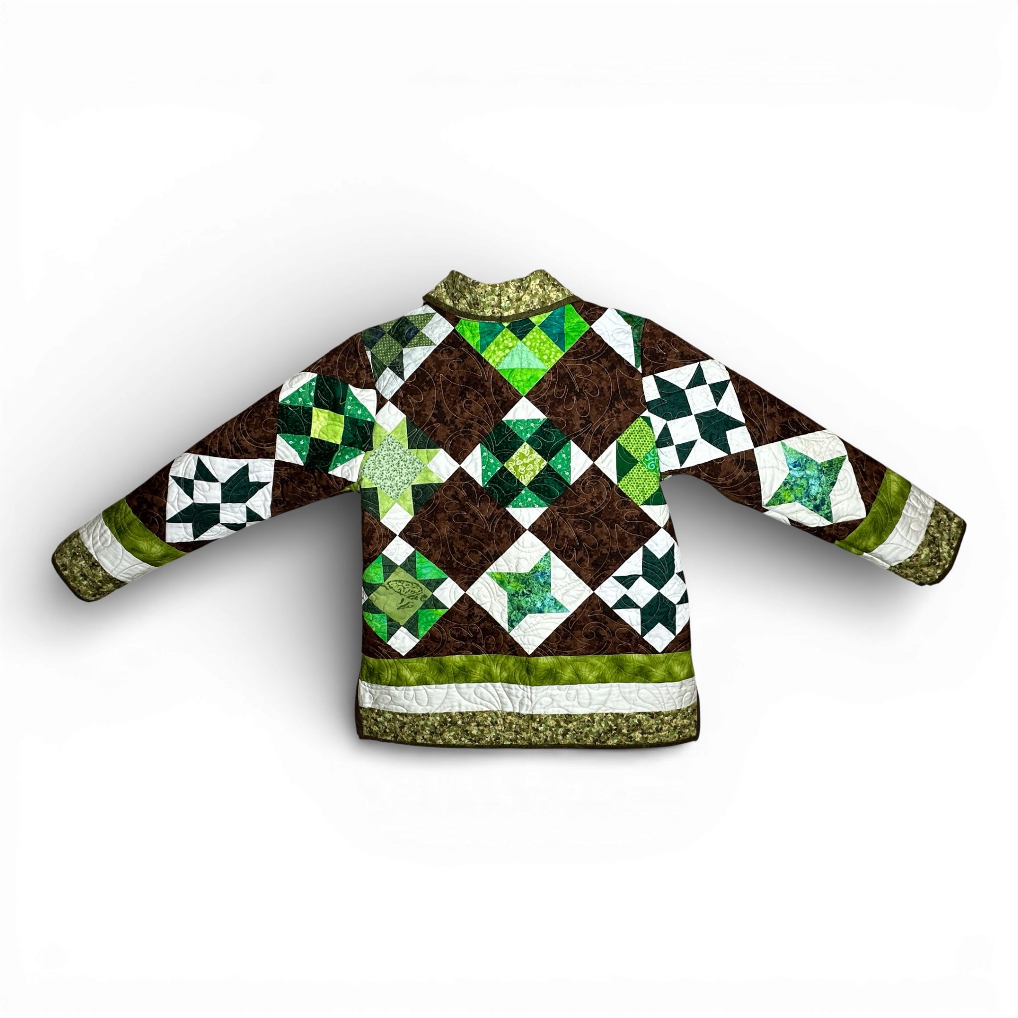 Back view of handmade quilted coat showing longarm quilting detail