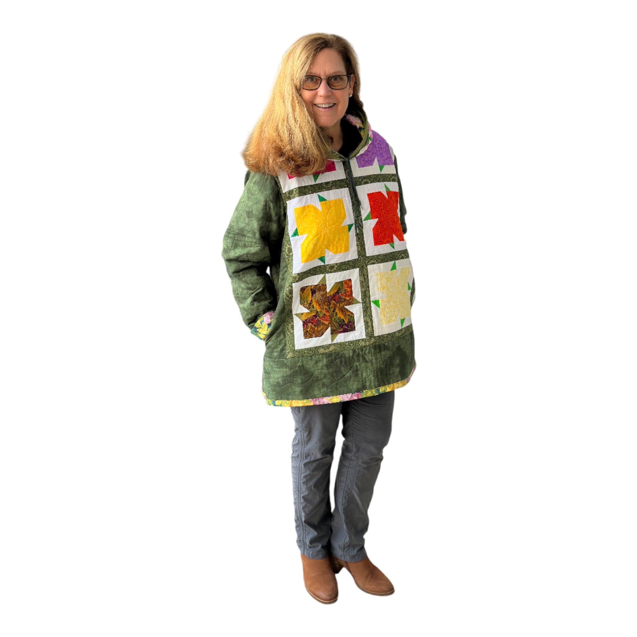 Front of sustainable jacket with hood and pockets