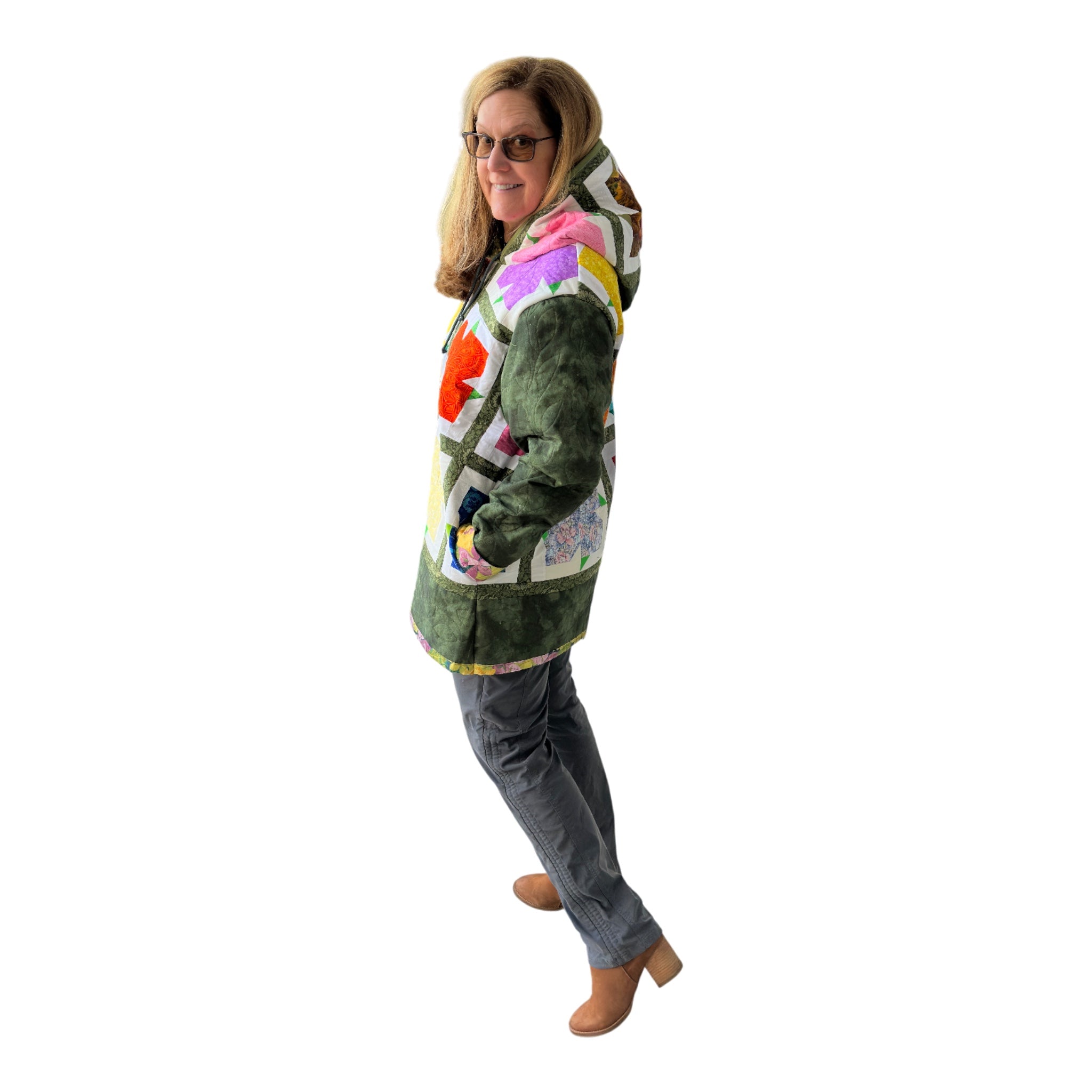 Model showing left side of jacket with front, side and back design, pocket and hood. 