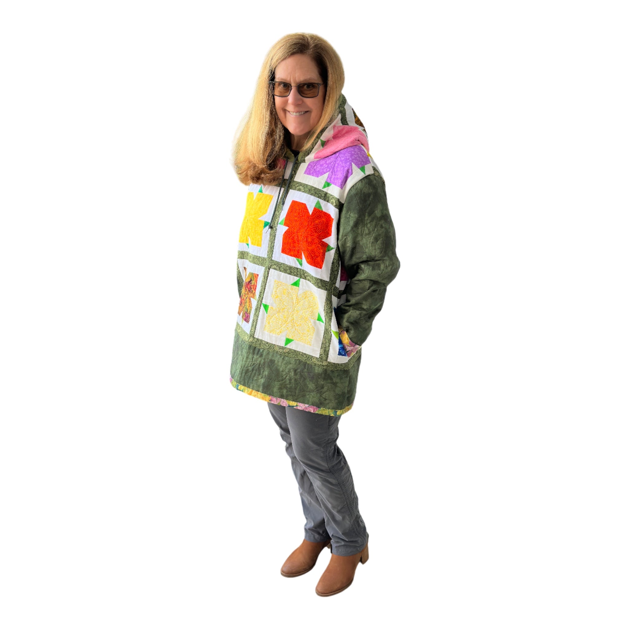 Jacket on 5'6" model showing ample room for layering and tie for hood