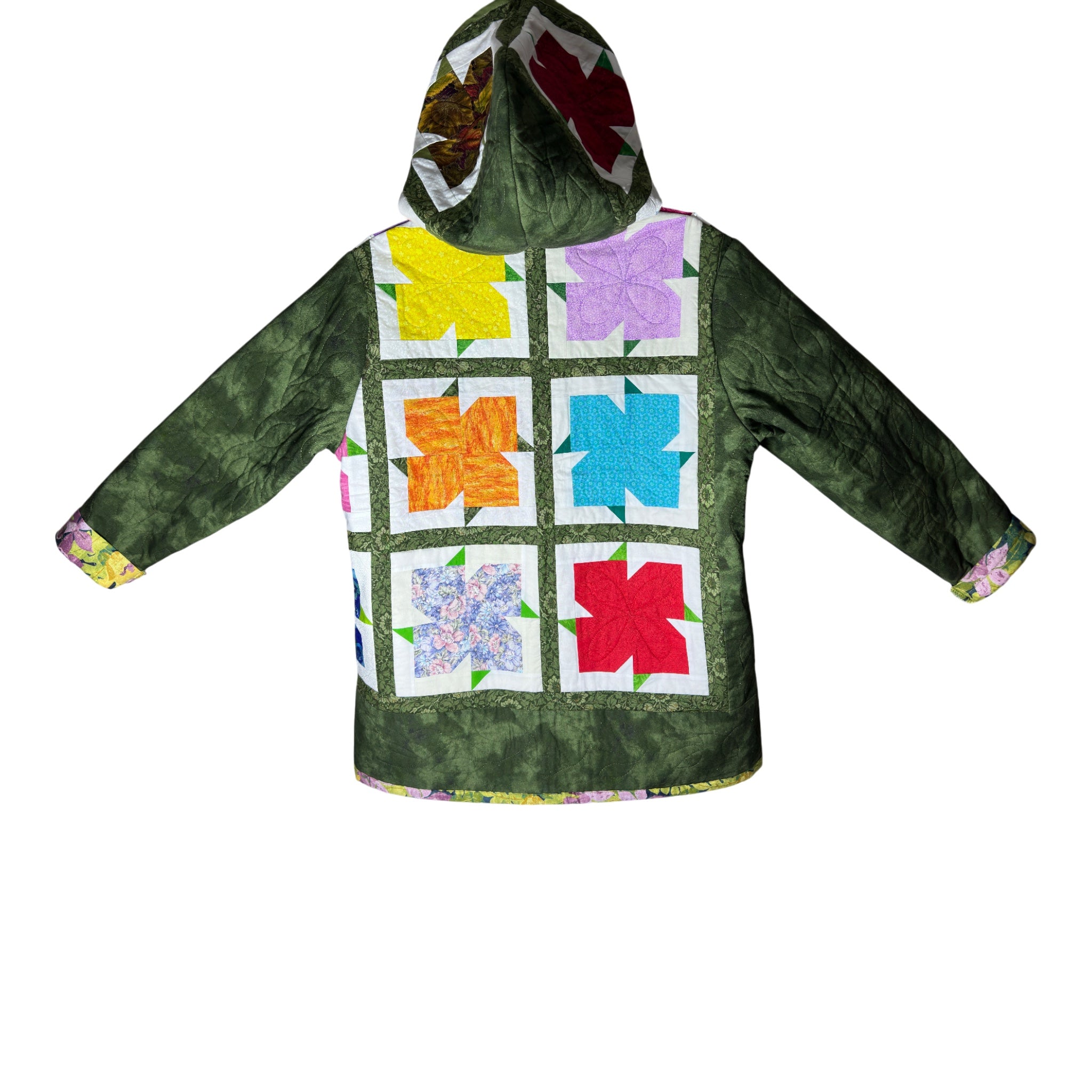 Fabric & Soul Handmade Jacket Back showing multicolor pattern and hood