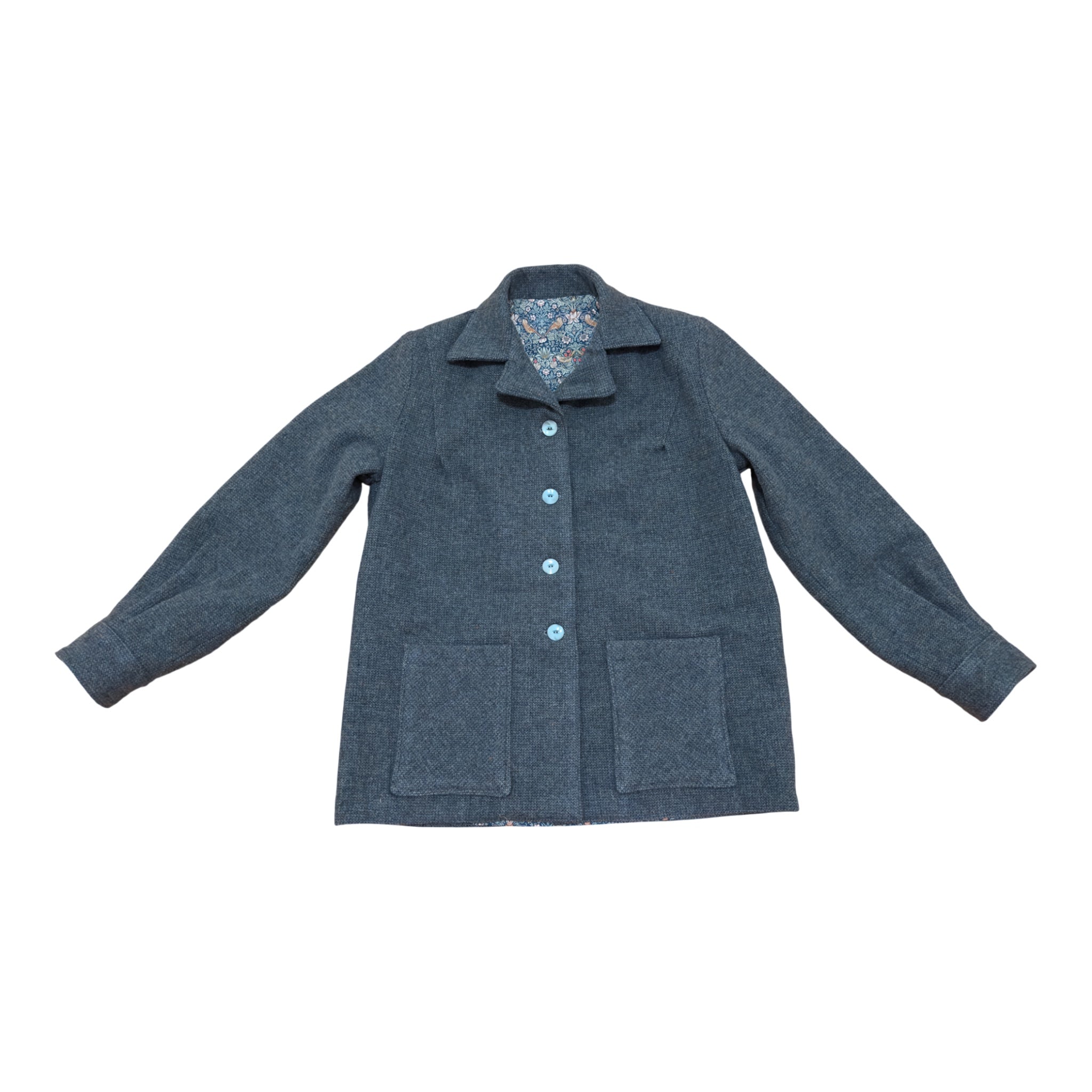 Fabric & Soul one-of-a kind, handmade blue wool jacket front showing cotton lining