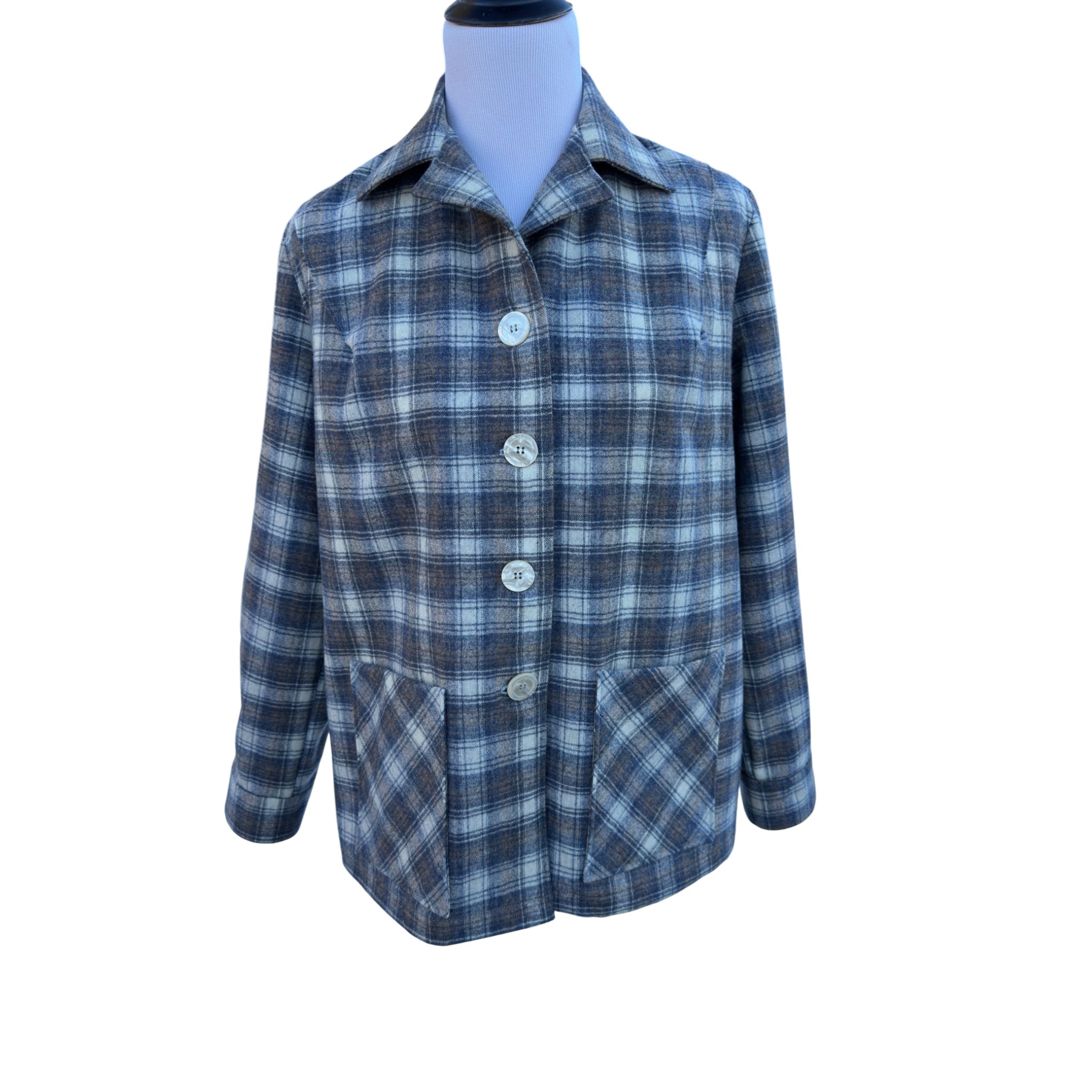 Front view Tan, blue, cream plaid wool jacket detail - patch pockets and vintage Oregon wool fabric"