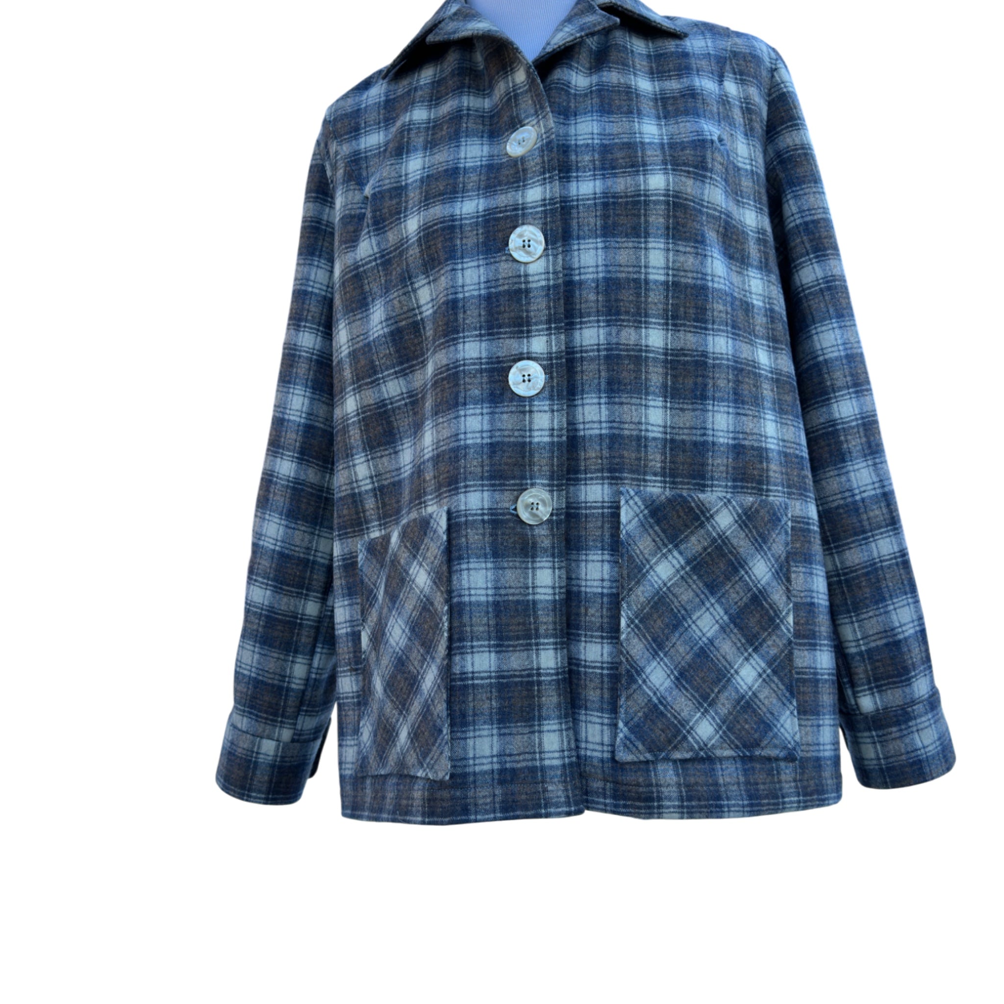 Tan blue cream plaid wool jacket detail - patch pockets and vintage Oregon wool fabric and shiny 1" buttons