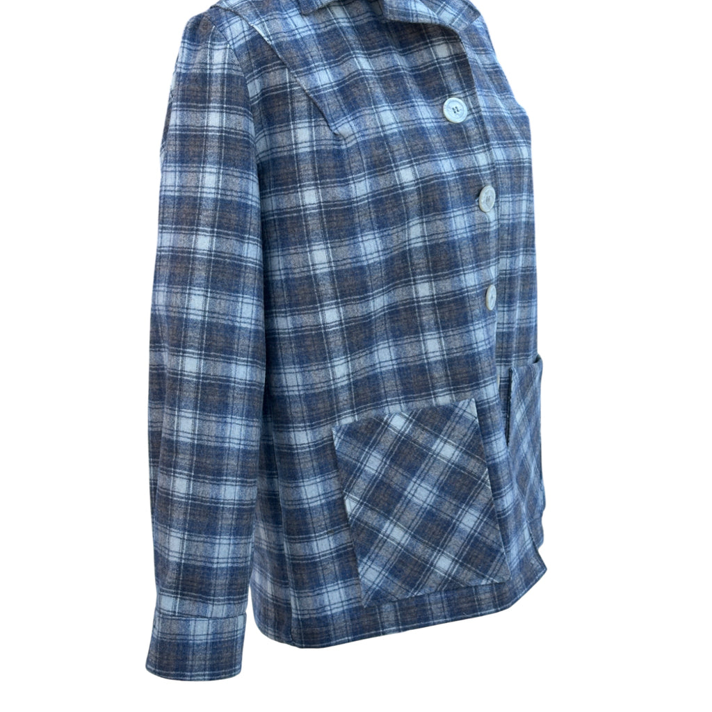 Tan blue cream plaid wool jacket detail - Sewn down pleats and side view