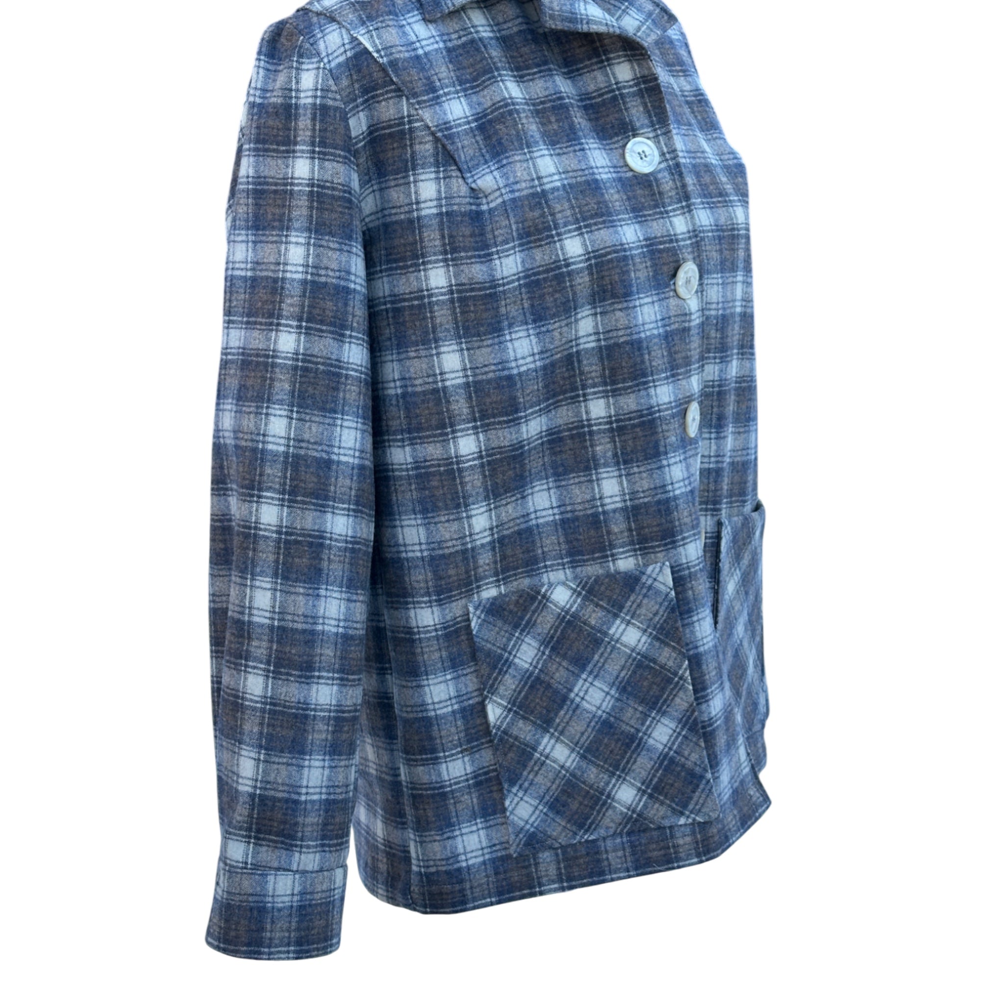 Tan blue cream plaid wool jacket detail - Sewn down pleats and side view