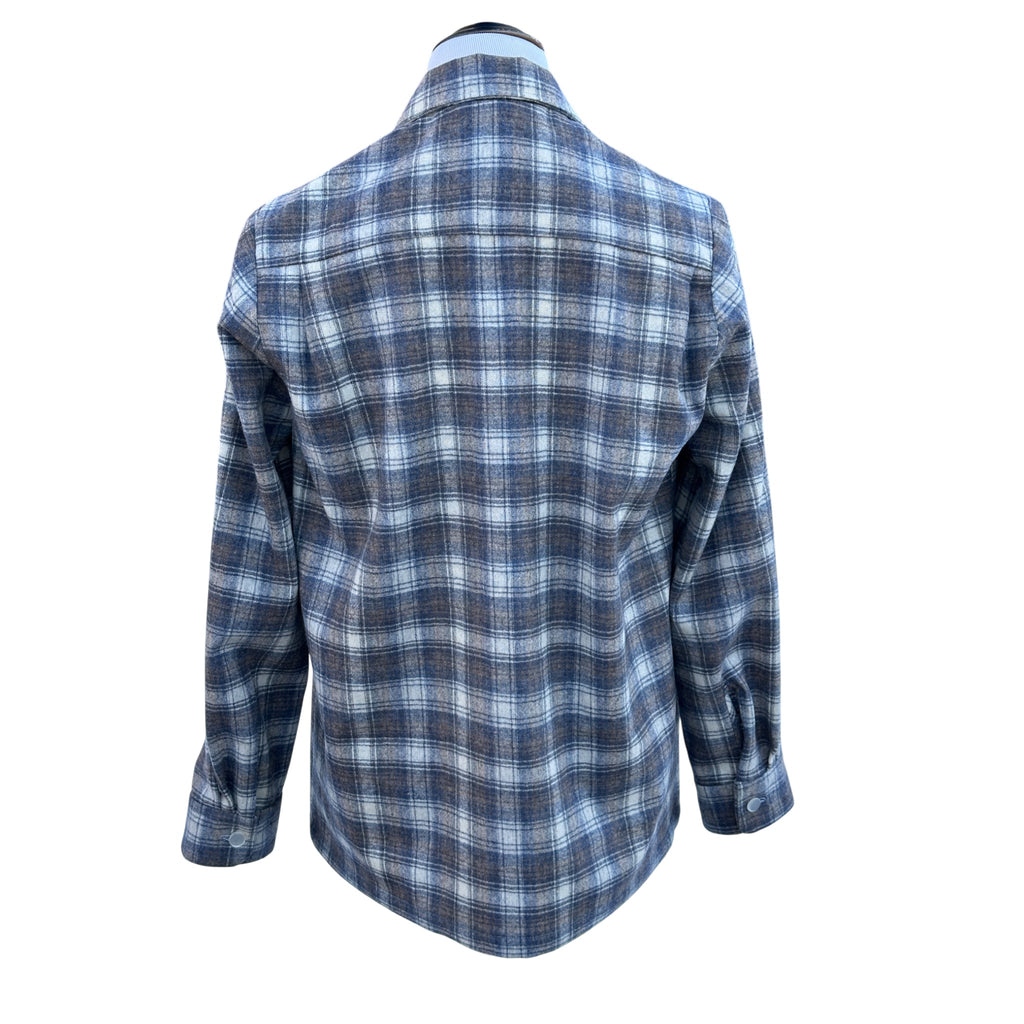 Handmade plaid wool jacket back detail - showing back pleats and cuff buttons on wool fabric