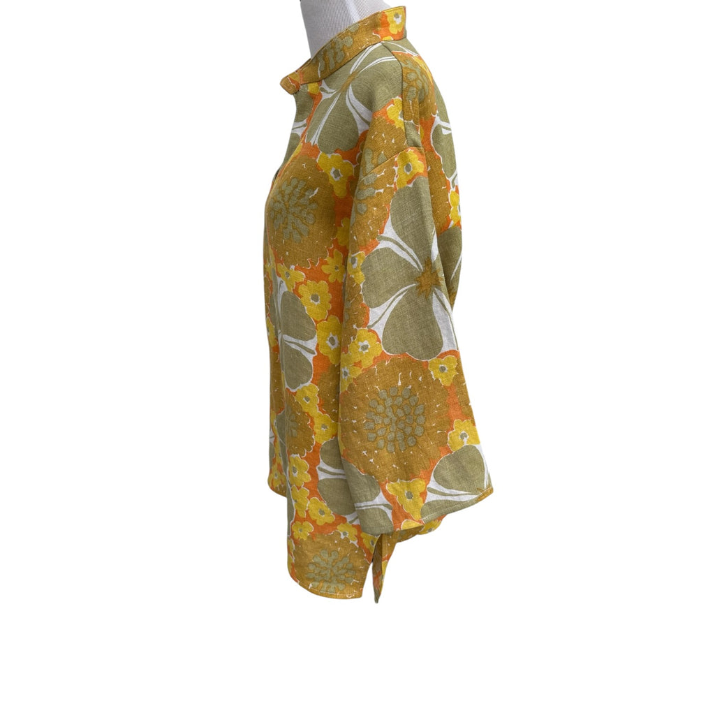 Vintage Linen Fabric Detail – Retro Floral Print Tunic, Upcycled Sustainable side view showing 6" side slits 