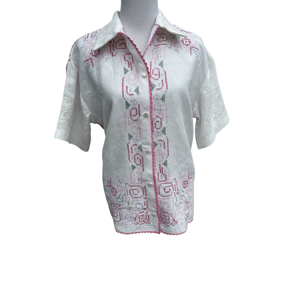 Cross-Stitch Embroidered Linen Shirt Front – Upcycled Vintage White Linen, Handmade by Fabric & Soul