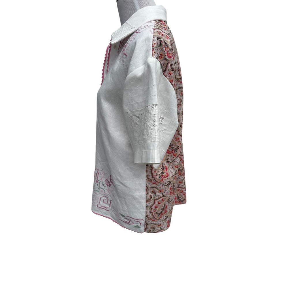 Side View – Vintage Linen Cutwork Sleeve and Paisley Cotton Back Panel | Fabric & Soul Handmade Shirt