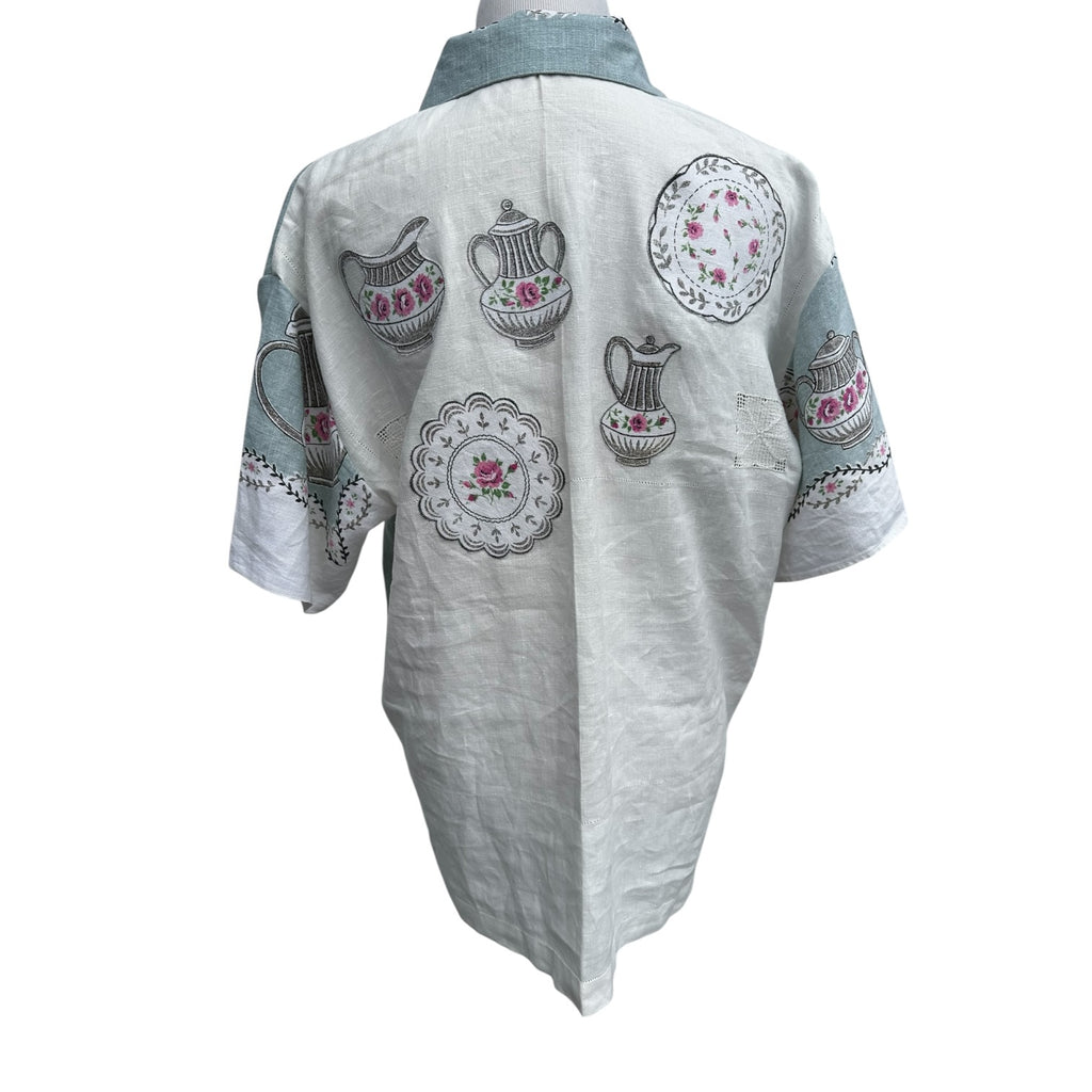 Hand-Cut Teapot Appliqué Linen Shirt Back – Fused & Hand-Stitched Cutwork Lacework | Fabric & Soul