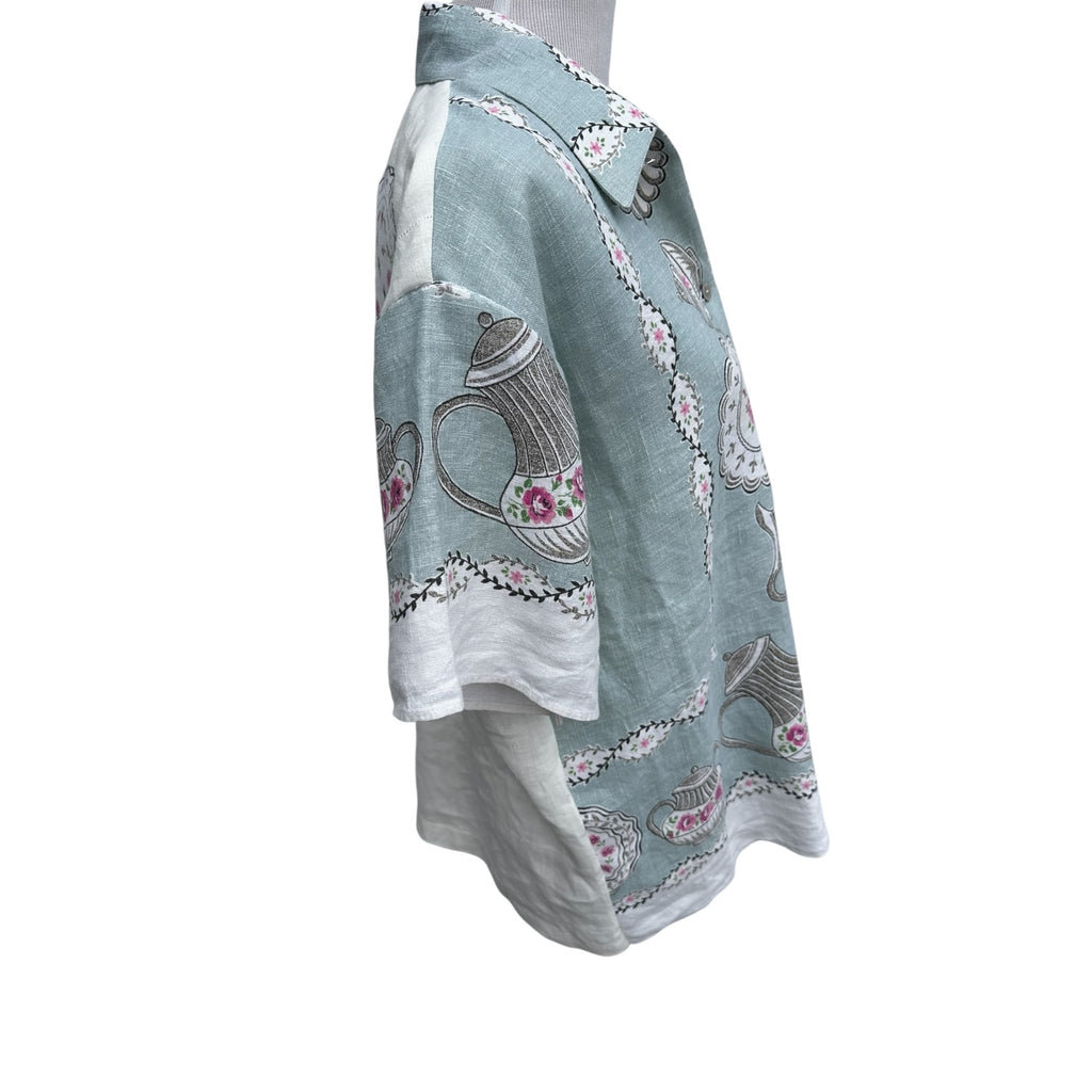 Vintage Linen Shirt Side Angle – China Print Front to Hand-Appliqué 