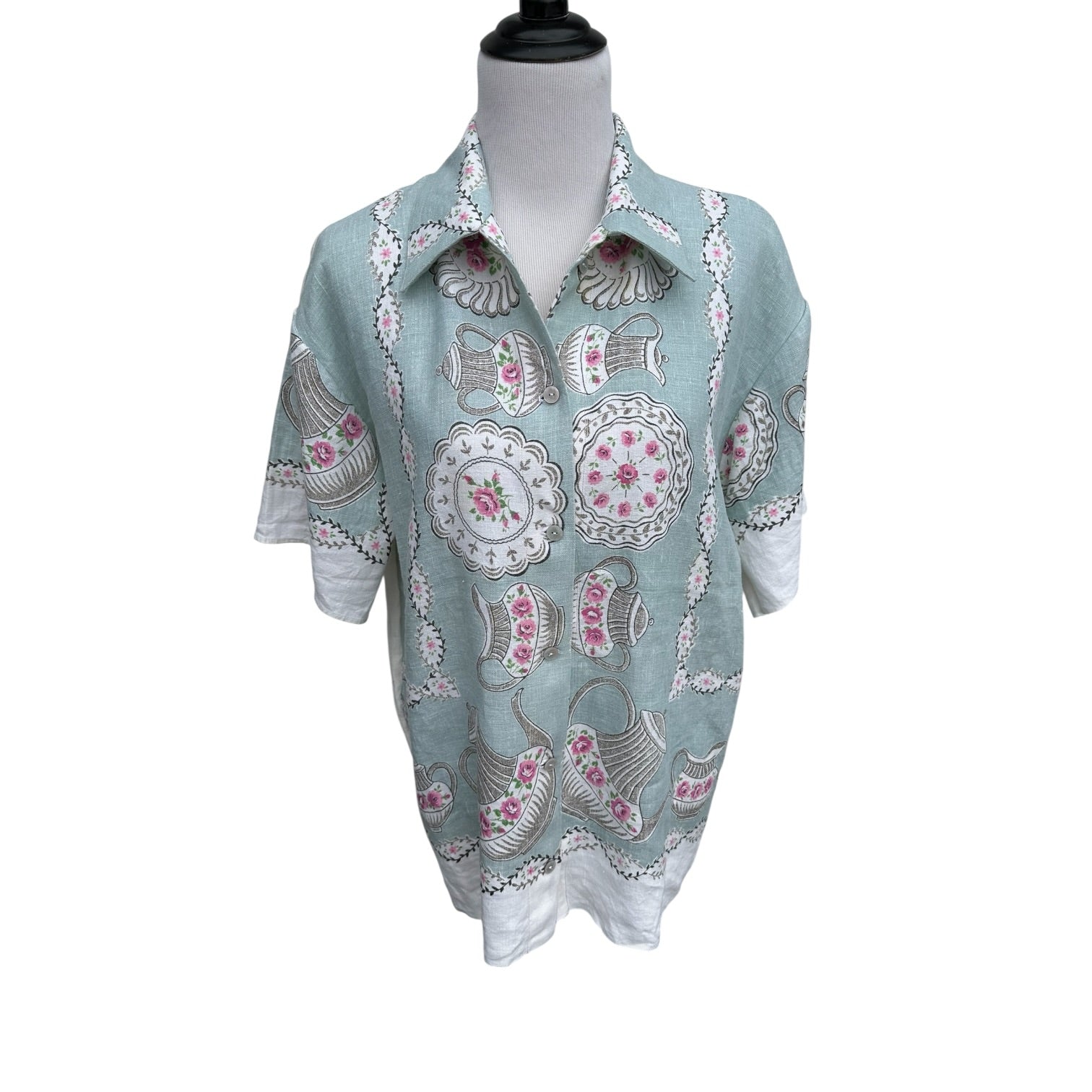 Upcycled Mint Linen Teapot Print Shirt Full Length – One of a Kind Handmade by Fabric & Soul