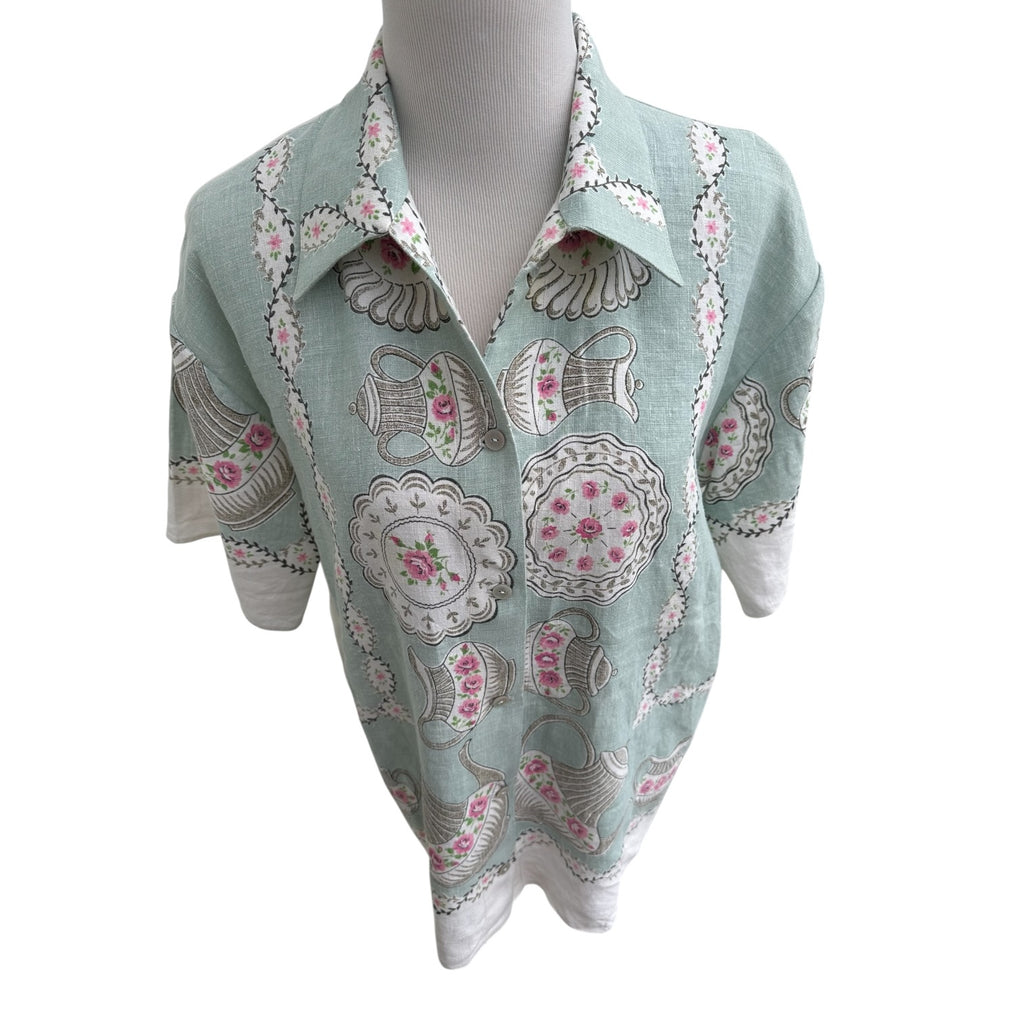 Vintage Teapot China Print Linen Shirt – Sage Mint Upcycled Linen, Handmade by Fabric & Soul