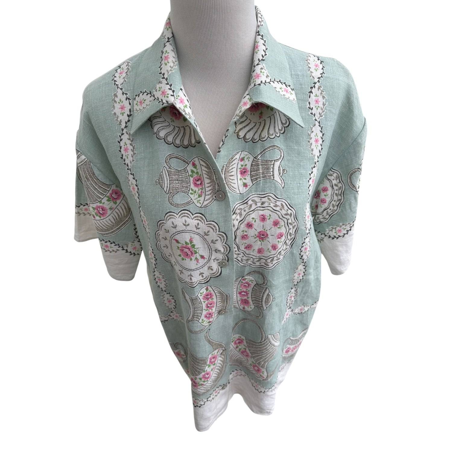 Vintage Teapot China Print Linen Shirt – Sage Mint Upcycled Linen, Handmade by Fabric & Soul