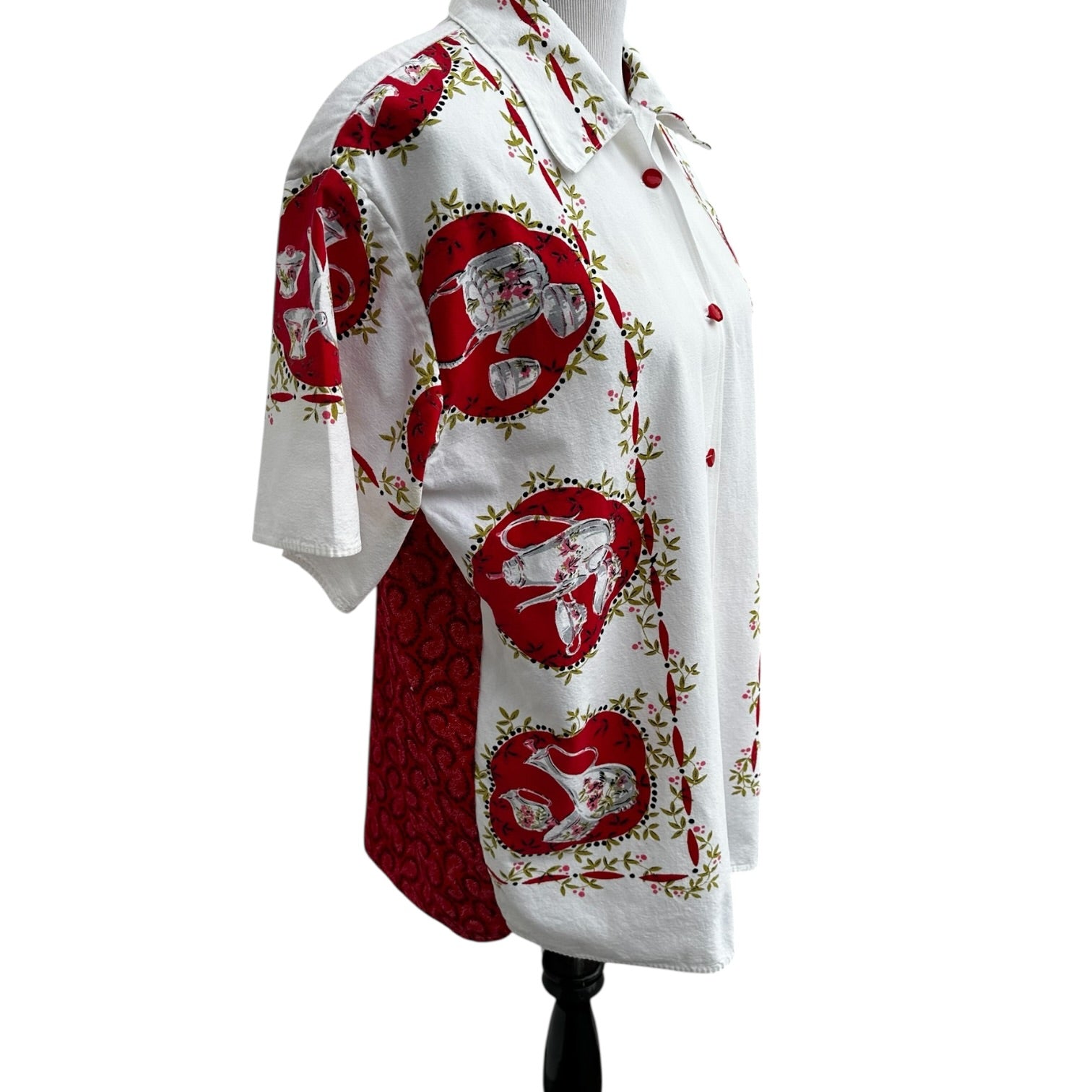 Red China Medallion Print Cotton Shirt Side View – Upcycled Vintage Tablecloth, Handmade by Fabric & Soul