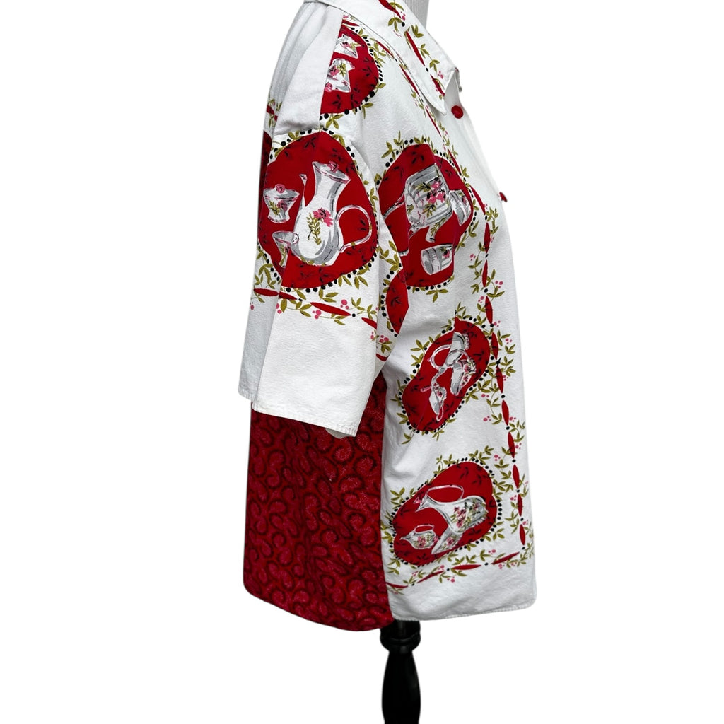 Vintage Red Teapot Print Cotton Shirt Side Profile – Substantial Weight Cotton, Slow Fashion by Fabric & Soul