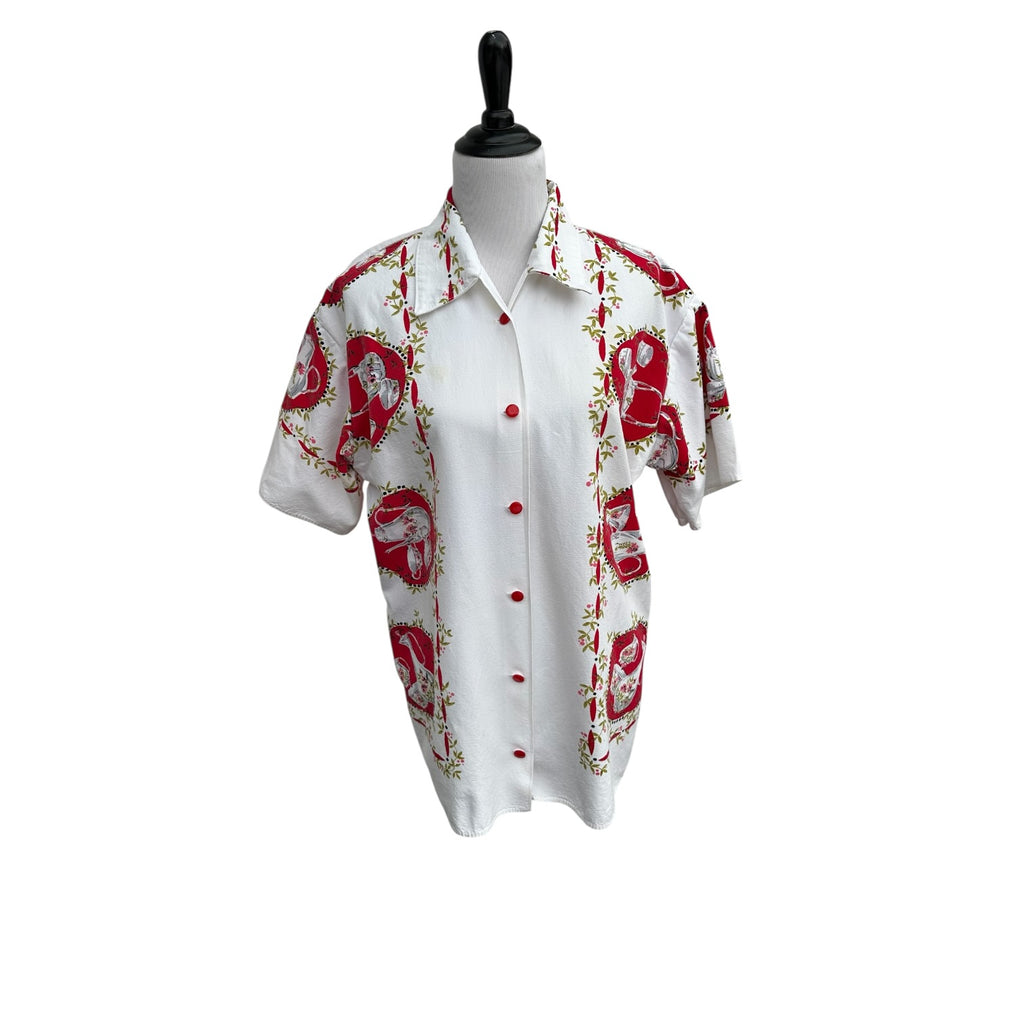 Upcycled Vintage Tablecloth Shirt Front – Bold Red China Print, One of a Kind Handmade by Fabric & Soul
