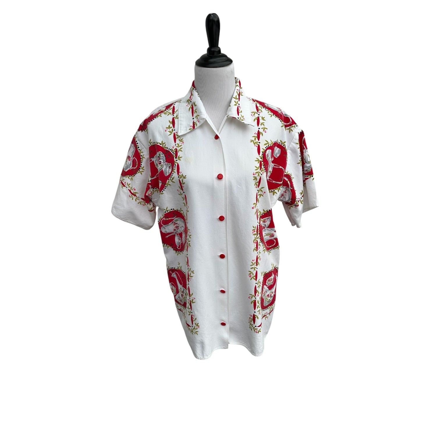 Upcycled Vintage Tablecloth Shirt Front – Bold Red China Print, One of a Kind Handmade by Fabric & Soul

