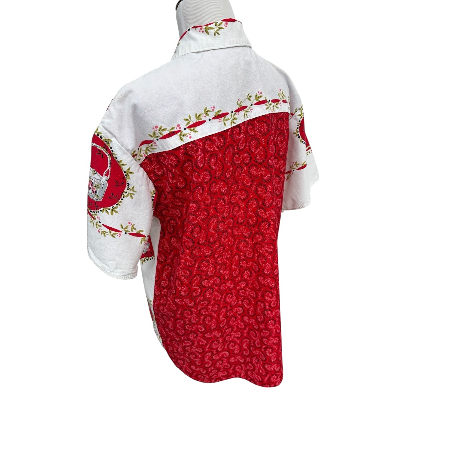 Red Cotton Back with China Print Diagonal Yoke – Handmade Upcycled Shirt by Fabric & Soul
