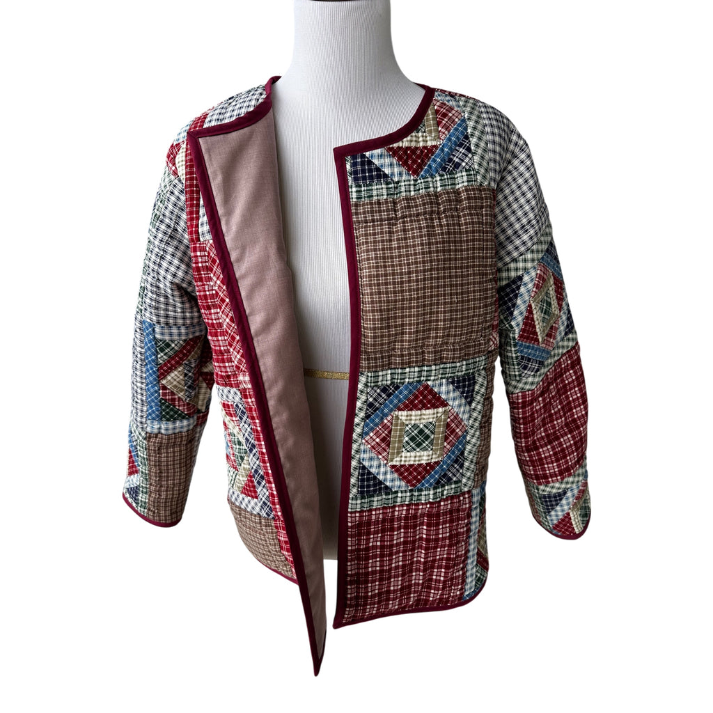 One-Piece Patchwork Coat – Hand-Stitched Cotton, Maroon Binding | Women's M/L
