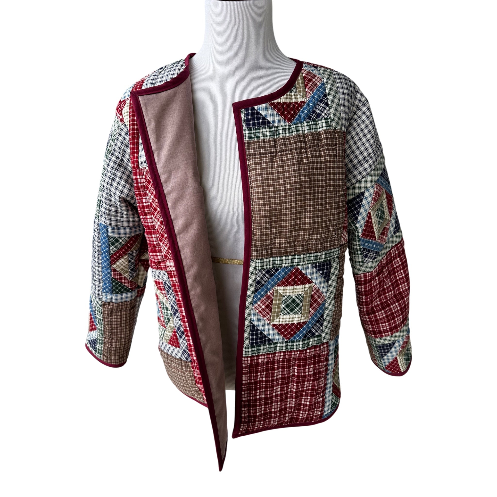 One-Piece Patchwork Coat – Hand-Stitched Cotton, Maroon Binding | Women's M/L