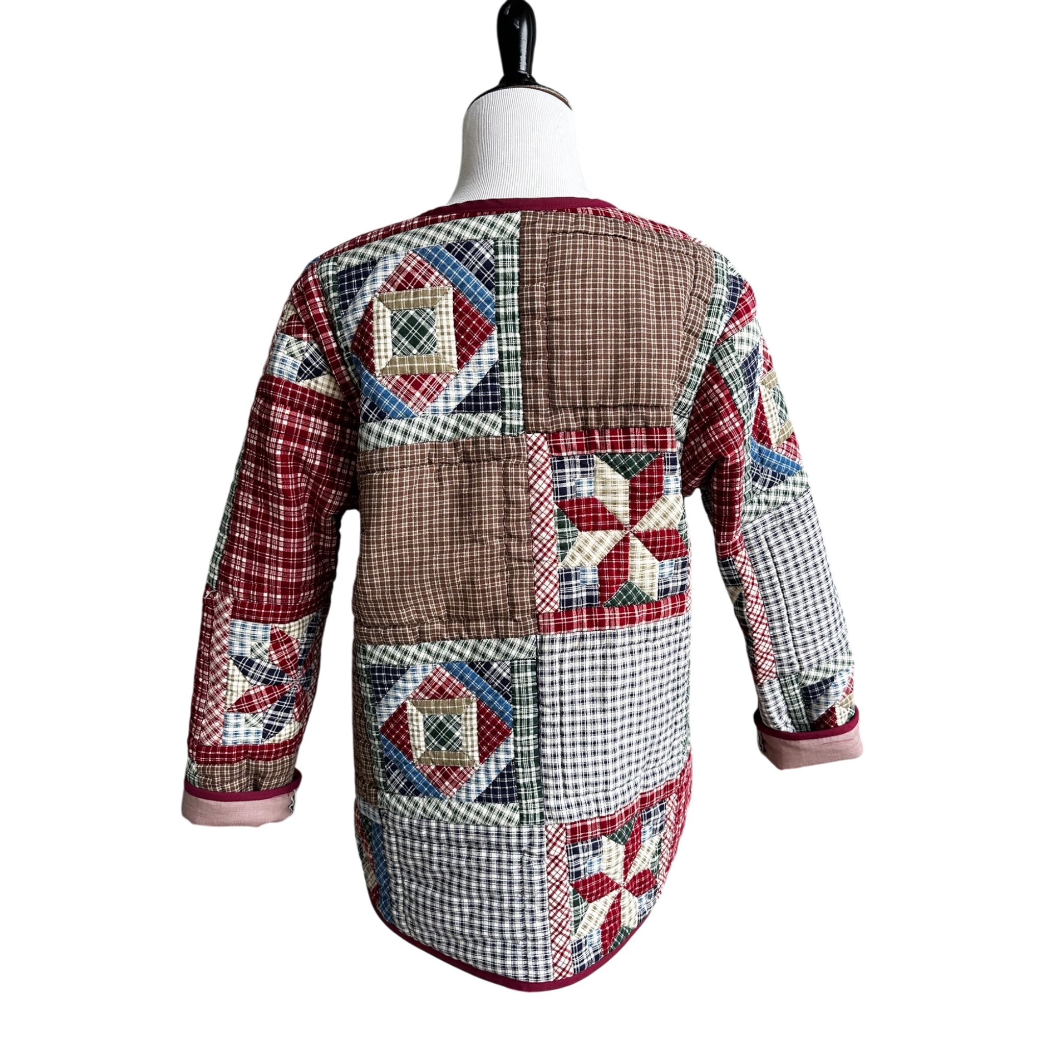 One-Piece Patchwork Coat – Hand-Stitched Cotton, Maroon Binding | Women's M/L