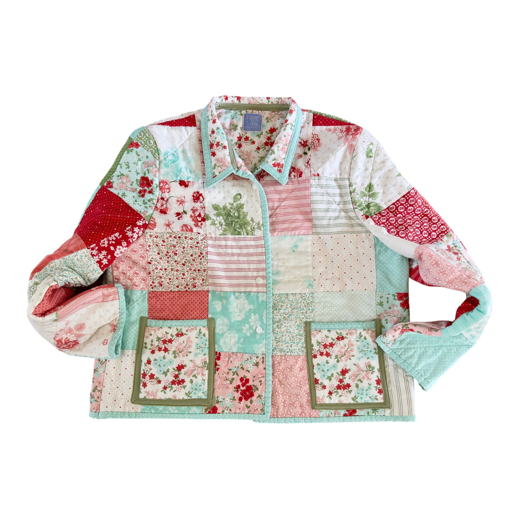 Front pockets detail on sustainable patchwork quilted cotton coat by Fabric and Soul