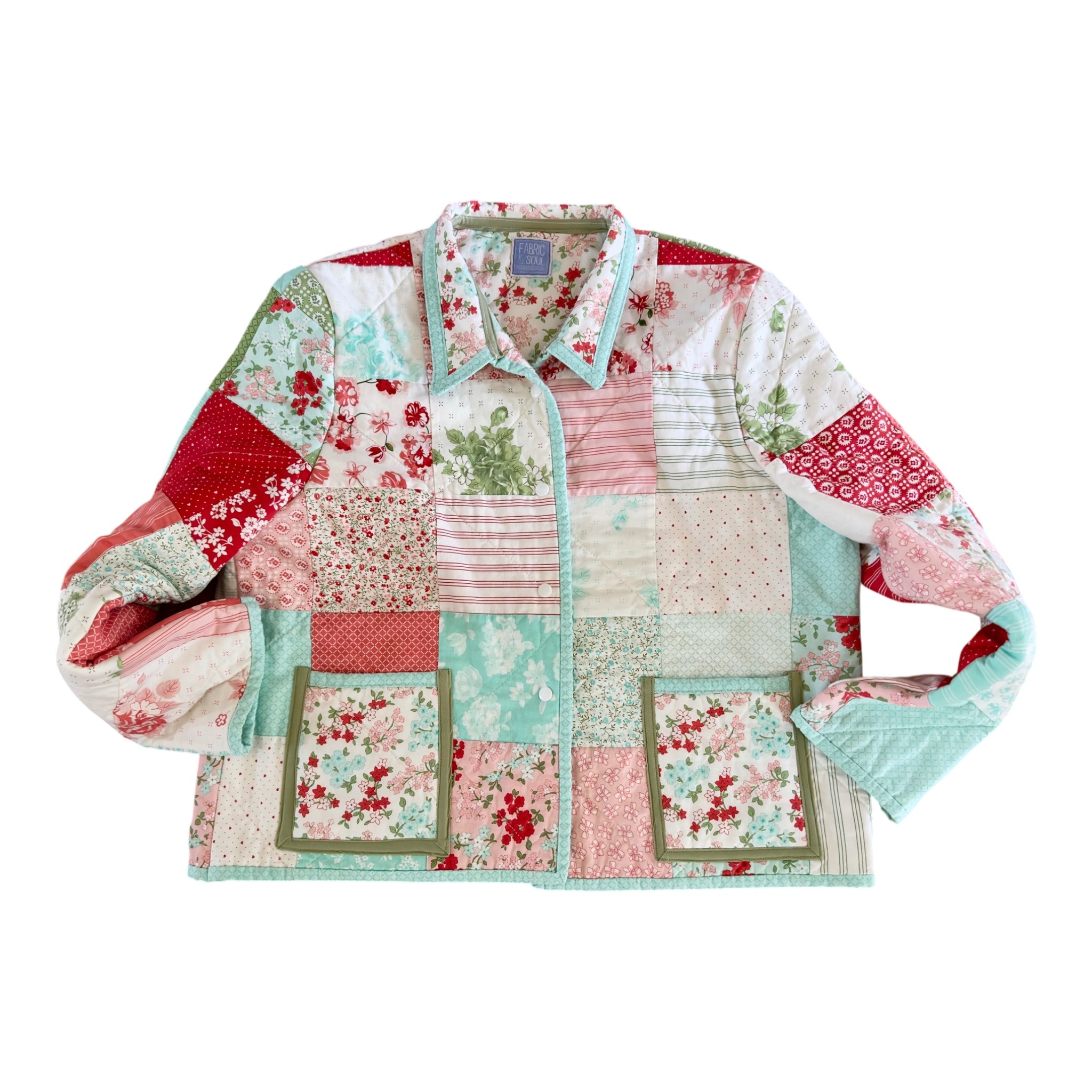 Front pockets detail on sustainable patchwork quilted cotton coat by Fabric and Soul