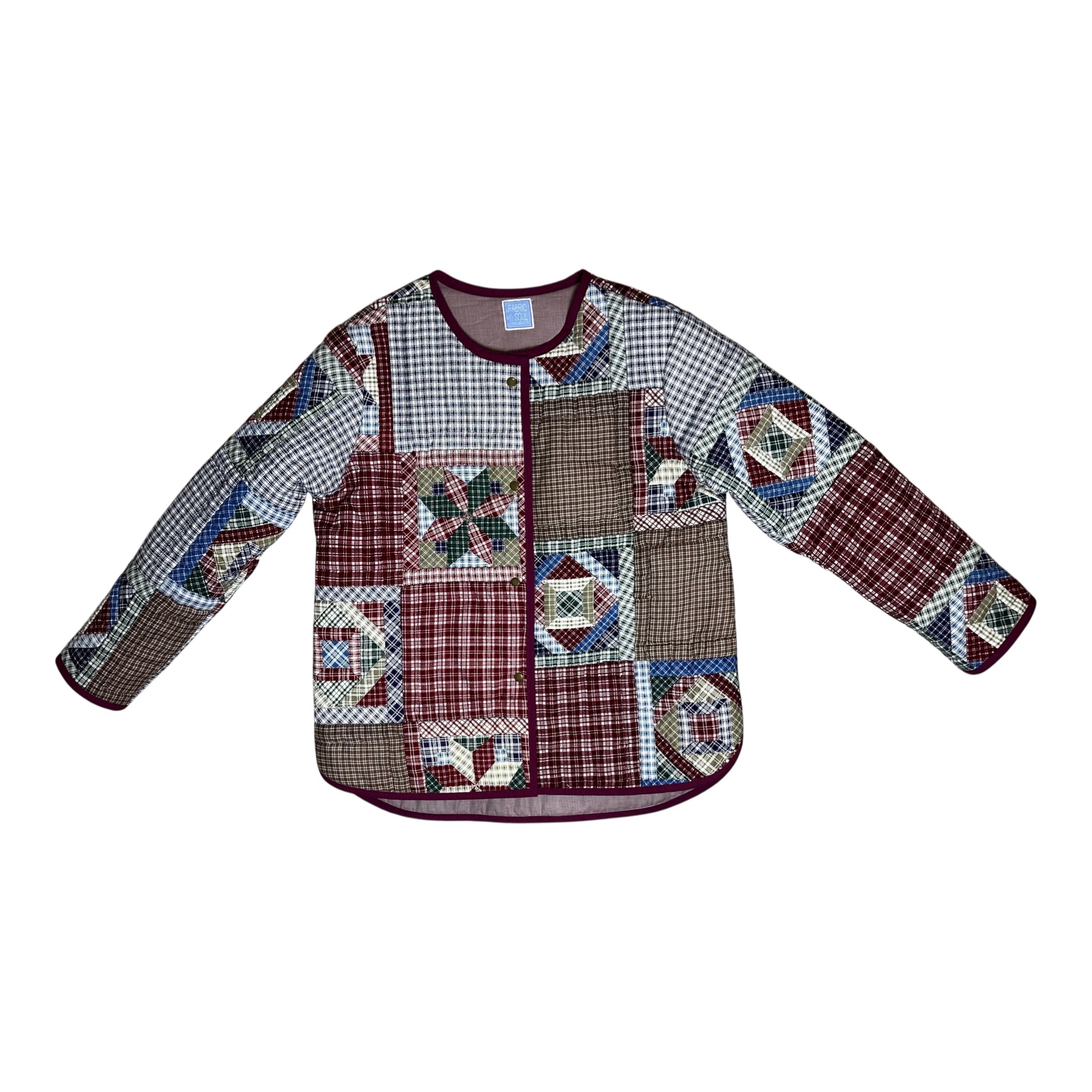One-Piece Patchwork Coat – Hand-Stitched Cotton, Maroon Binding | Women's M/L